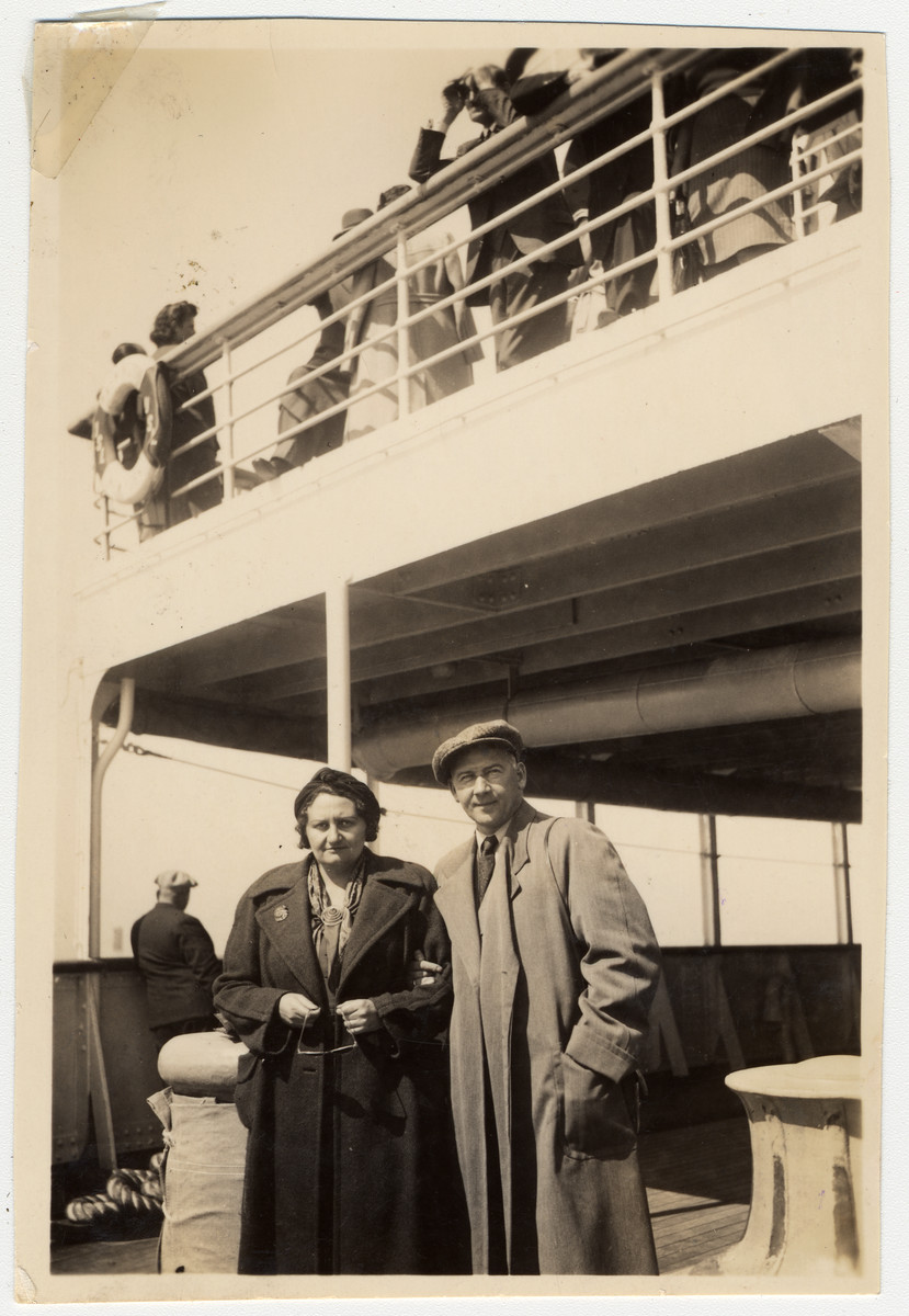 An Austro-Hungarian Jewish couple poses on board the S.S. Washington en route to the United States.

Pictured are Lily and Ernest Brod.