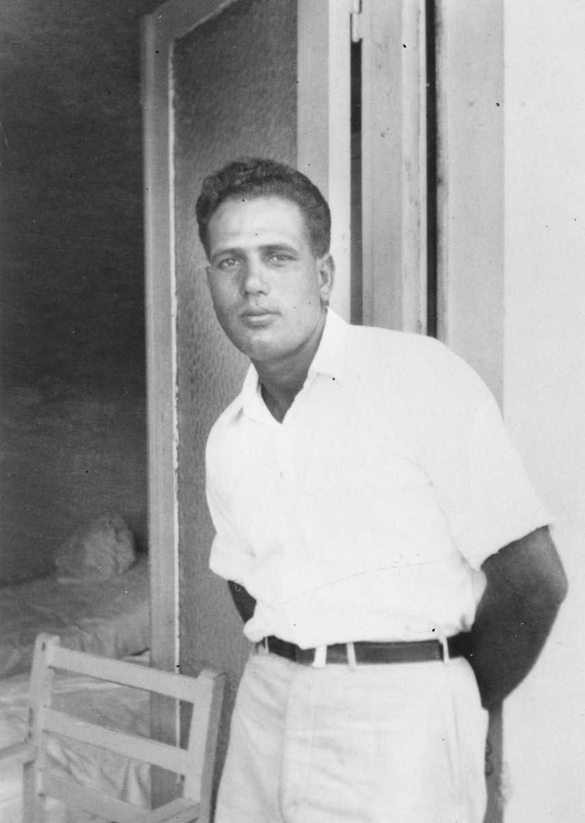 Portrait of Exodus 1947 crew member Aryeh Friedman, standing in the doorway of a Haifa hotel on Mt. Carmel after being released from British custody.

Friedman later captained the Aliyah Bet ship Haganah.