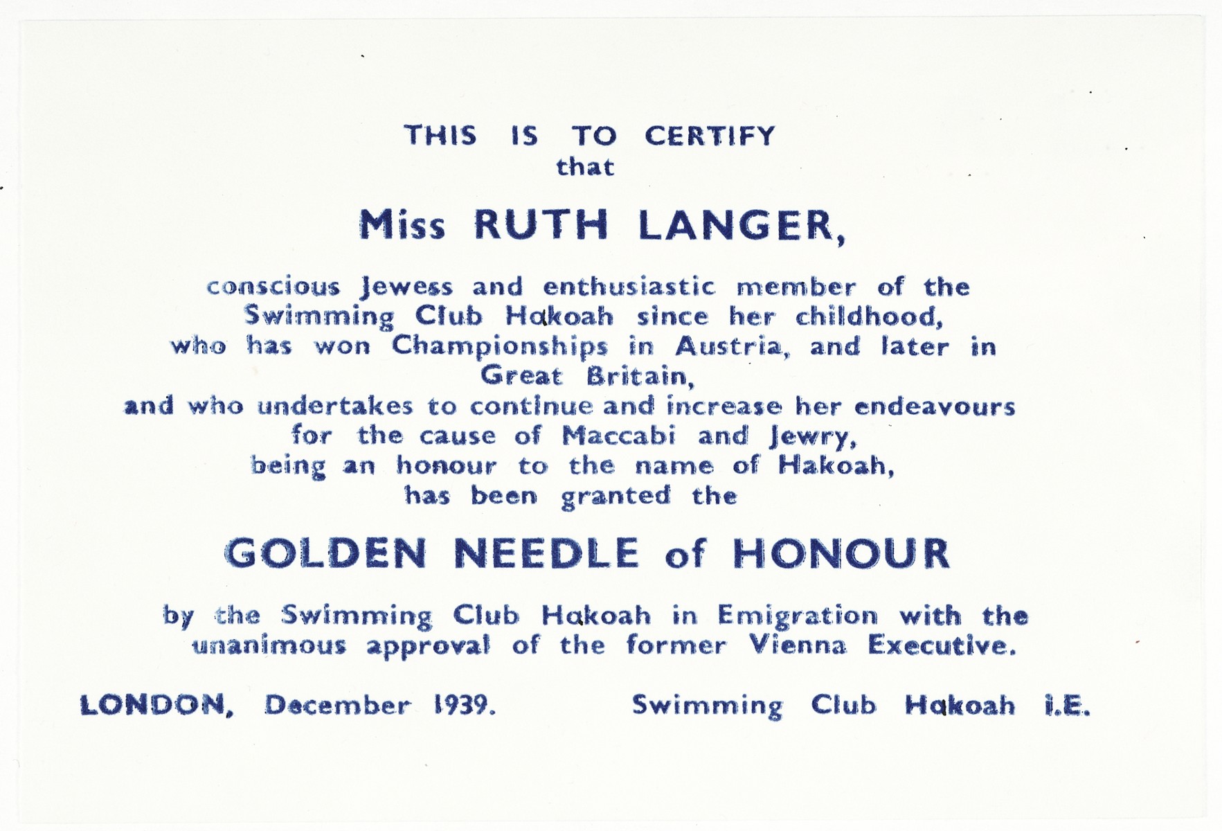 Certificate of award given to Ruth Langer for her contributions to the Hakoach Jewish swim club.