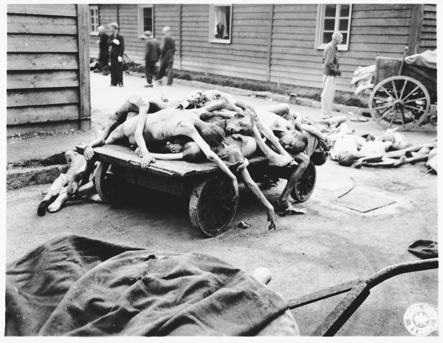 View of a cart laden with the bodies of prisoners who perished in the Gusen concentration camp.