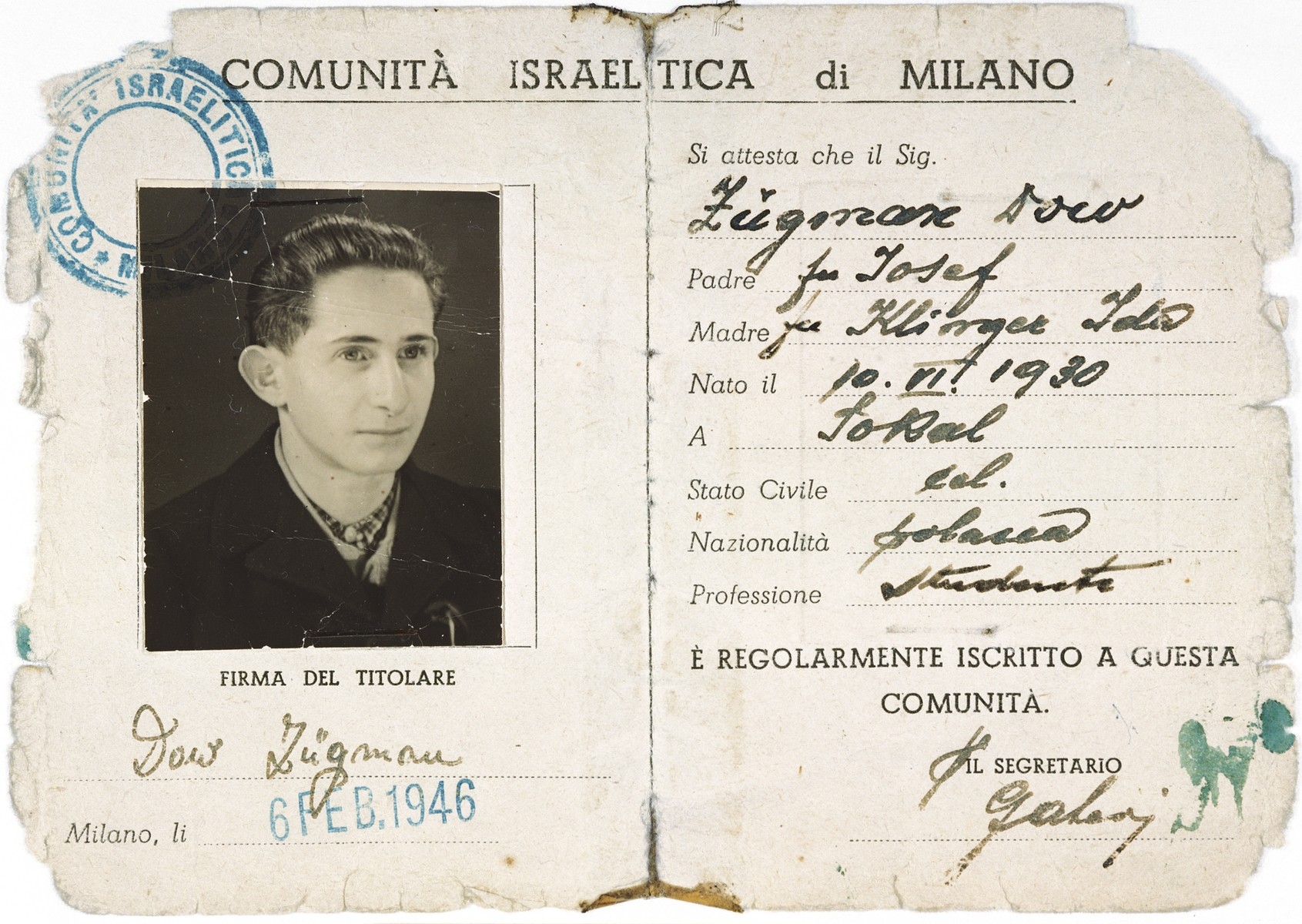 Dov Zugman's identification card as a member of the Jewish community of Milan.