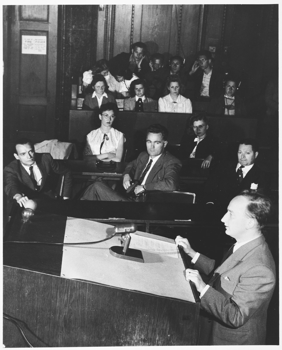 Chief prosecutor Benjamin Ferencz presents his case at the Einsatzgruppen Trial.