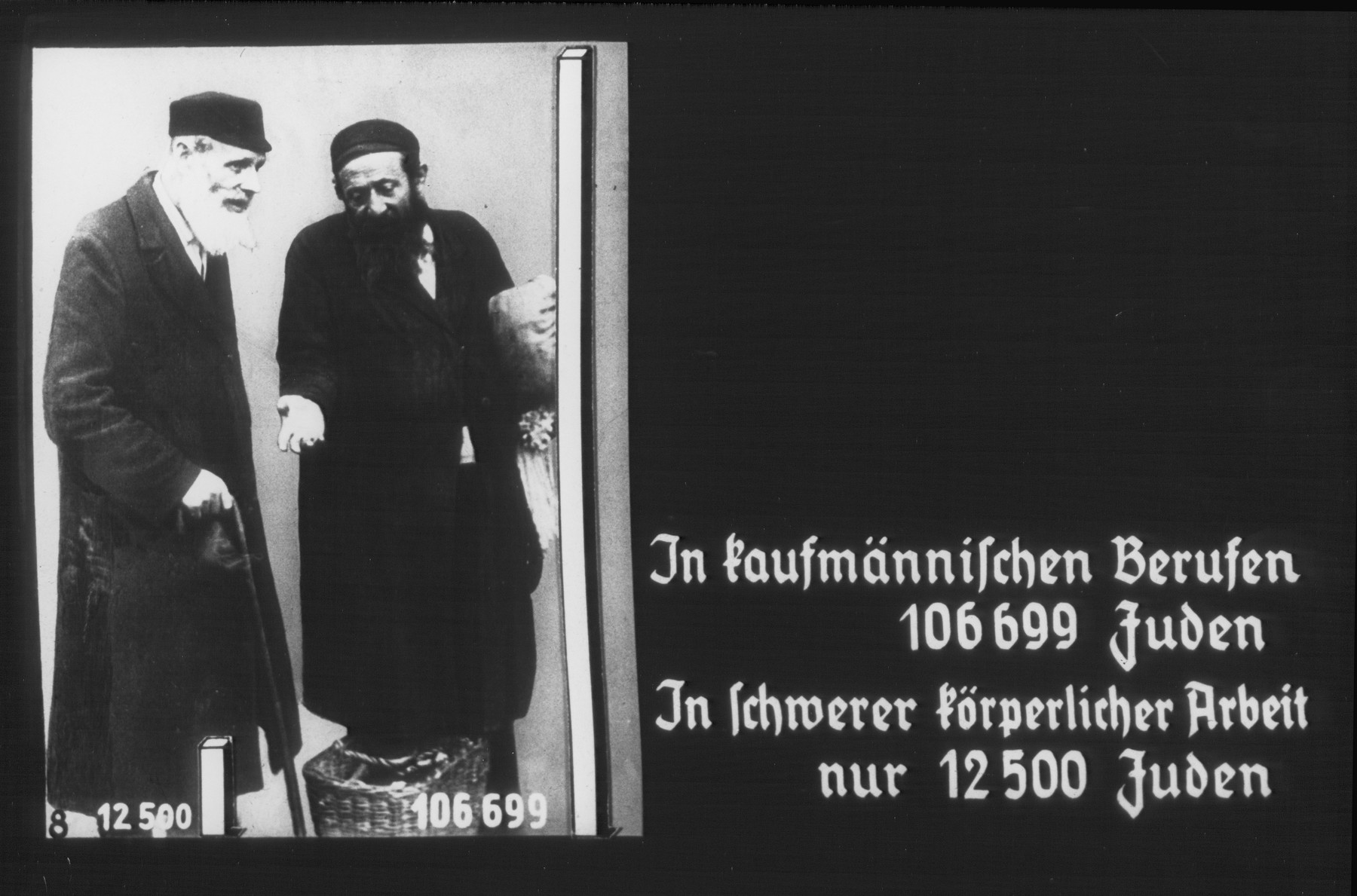 Propaganda slide entitled "In commercial trades there are 106,699 Jews; In heavy, physical work, only 12,500 Jews."