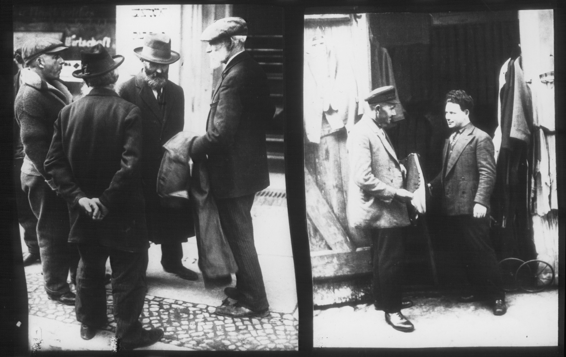 Untitled anti-Jewish propaganda slide featuring two scenes of Jews in the Berlin Jewish quarter.