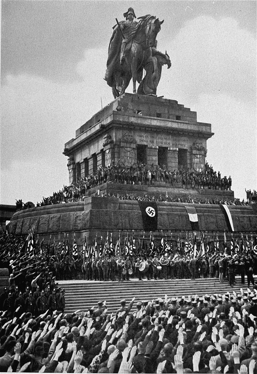 Members of the National Socialist German Labor Front (DAF) participate in a rally at the monument to Kaiser Wilhelm I located at the Deutsches Eck in Koblenz.