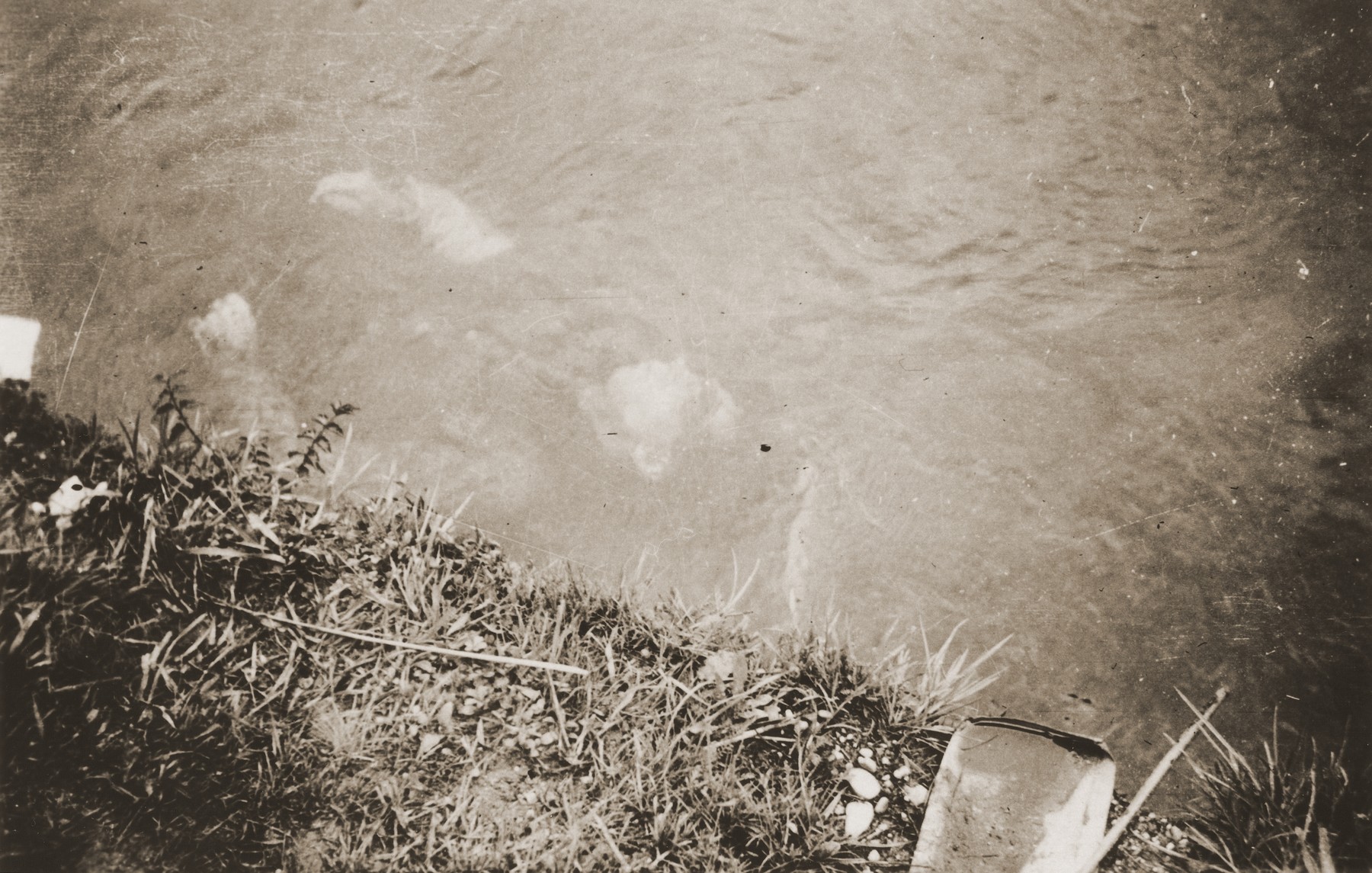The body of an SS guard is submerged in the moat of the Dachau concentration camp.