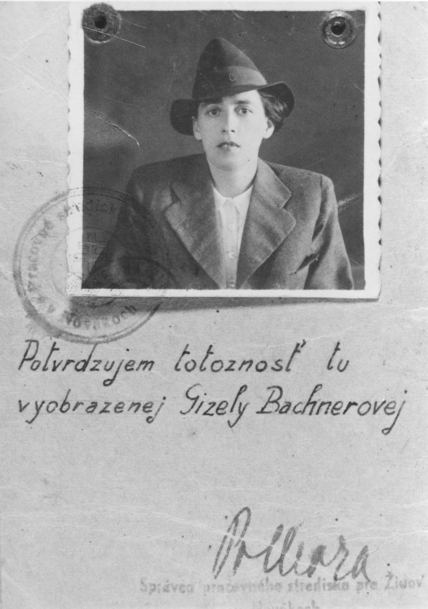 Identification card of Gizela Bachnerova, Novaky Work Facility for Jews.

Beneath her photograph is a confirmation that she is the woman pictured.