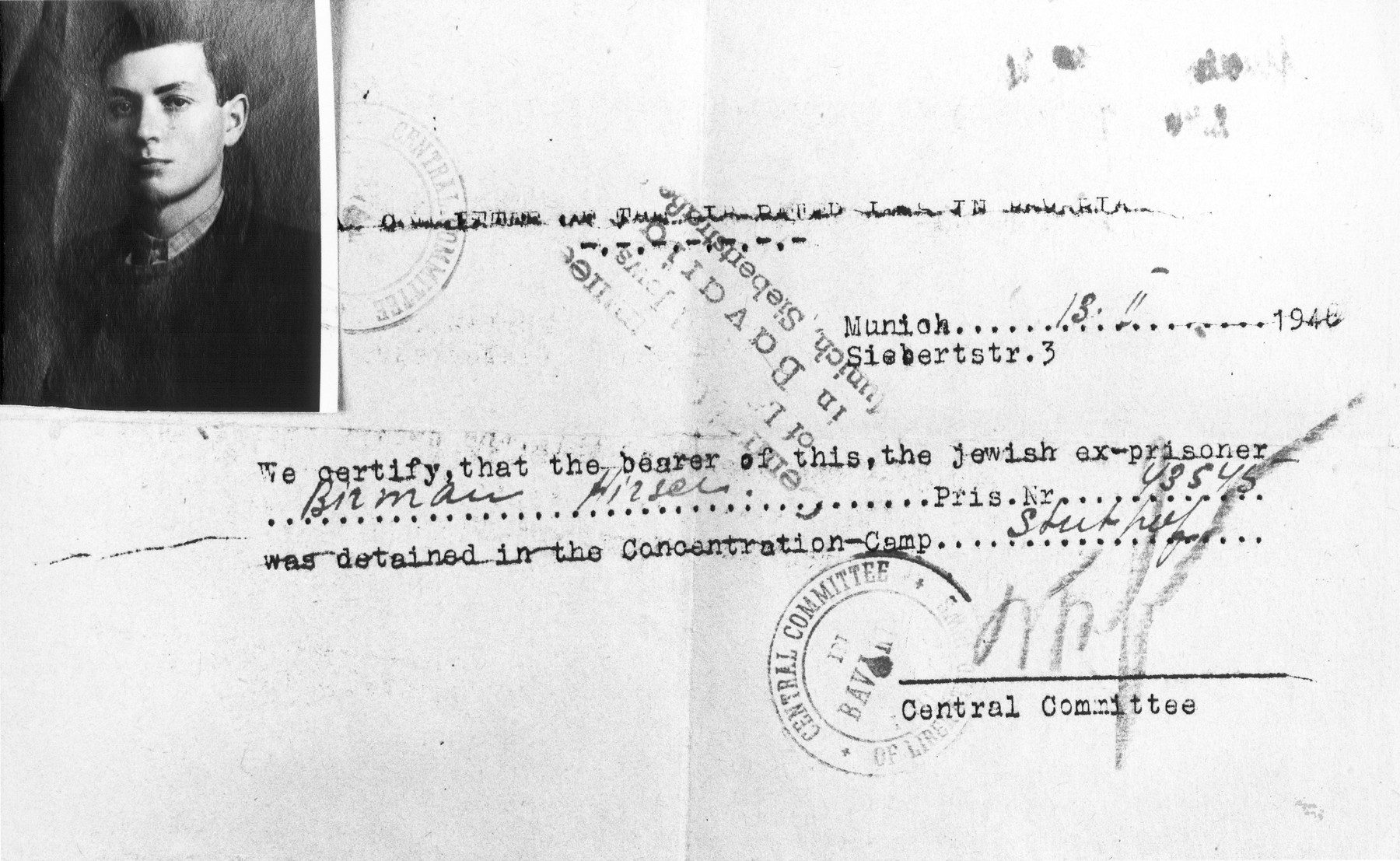 Identification papers issued to Hirsch Birman by the Central Committee for Liberated Jews in Bavaria attesting to the fact that he had been a prisoner at the Stutthof concentration camp.