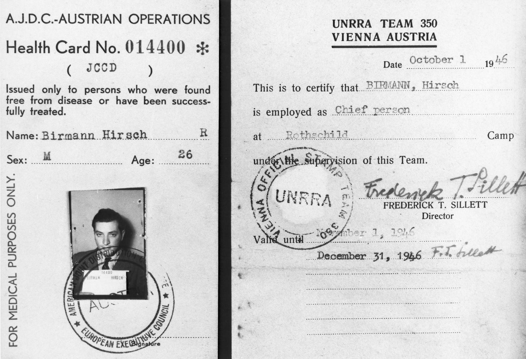 Health card issued by the American Joint Distribution Committee Austrian Operations to Jewish DP Hirsch Birman certifying that he is an employee of the Rothschild Hospital displaced persons camp in Vienna, under the supervision of UNRRA team 350.