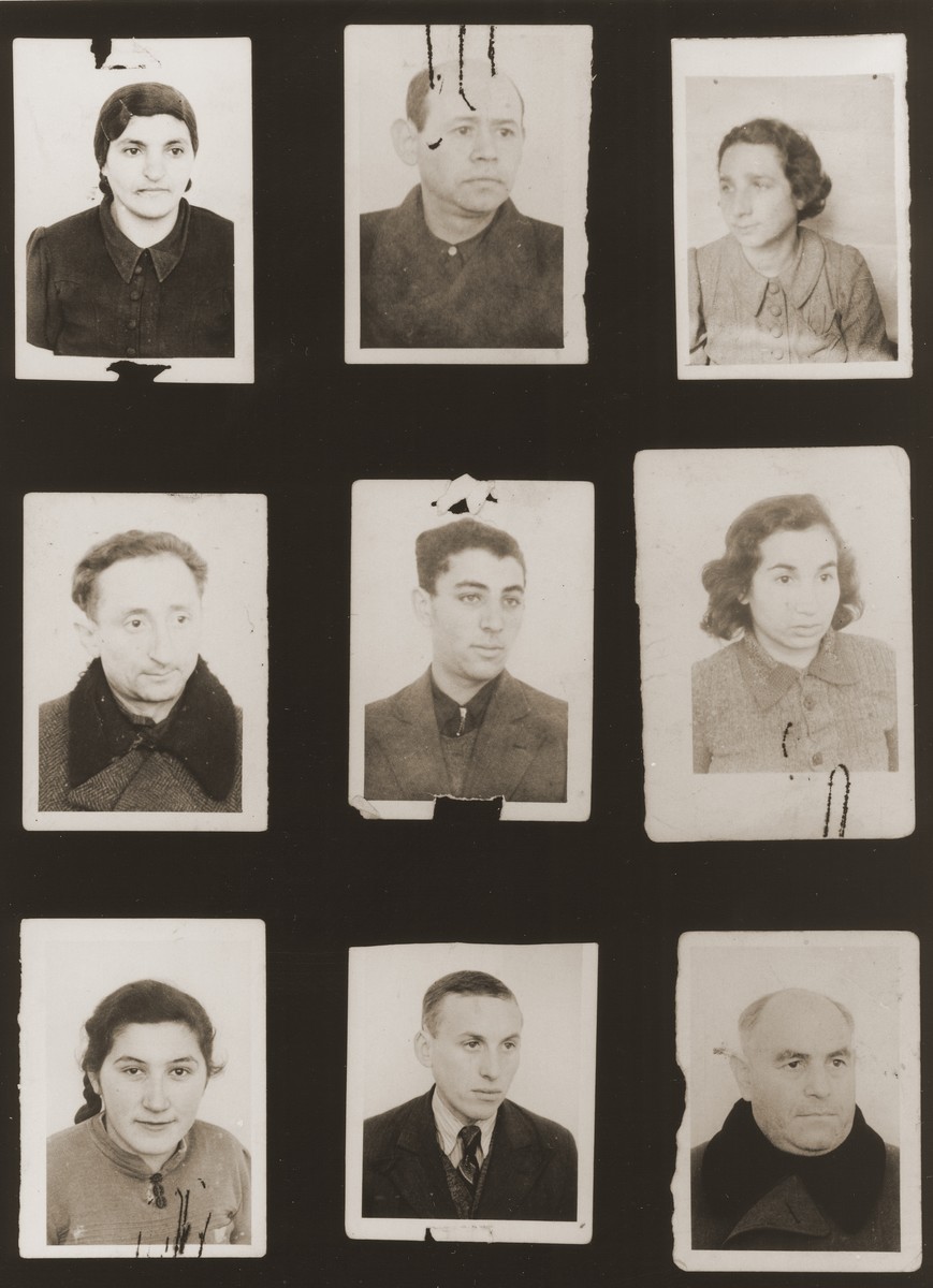 A sampling of the more than 300 identification card photos of local Jewish residents that were found on the floor of the Gestapo headquarters in Biala Rawska in January 1945.  

They were discovered by Leon Sztubert, a Jewish survivor from the town, who spent the war in hiding in a nearby forest.

Pictured (from the top row left and moving across each row) are Chaja Taubtman; Moshe Ajbus; Yankl David Mendkes; Menachem Weisbart; Frank; Tzipa Najfeld; "Tabacznik" (b. 1920); Arie Frydman; and Srulek Marchew.