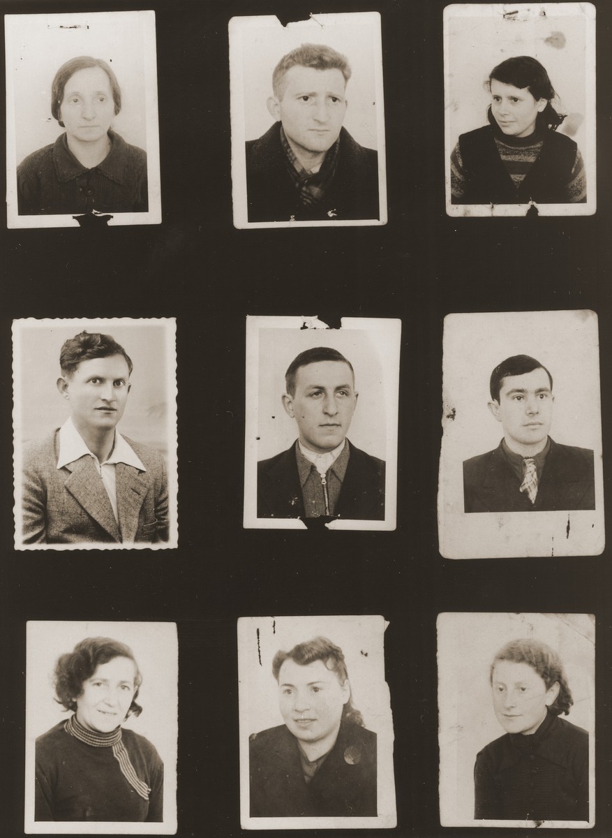 A sampling of the more than 300 identification card photos of local Jewish residents that were found on the floor of the Gestapo headquarters in Biala Rawska in January 1945.  

They were discovered by Leon Sztubert, a Jewish survivor from the town, who spent the war in hiding in a nearby forest.

Pictured (from the top row left and moving across each row) are Gitl Jazelszajn; "Dr. Gerszon"; Miriam Jazelszajn; Natan Goldberg; "Bermson"; Yidl Przytycki; Liba Marchev; sister-in-law of Leib Moshe Goldberg Janowski; and Sarah Markow.