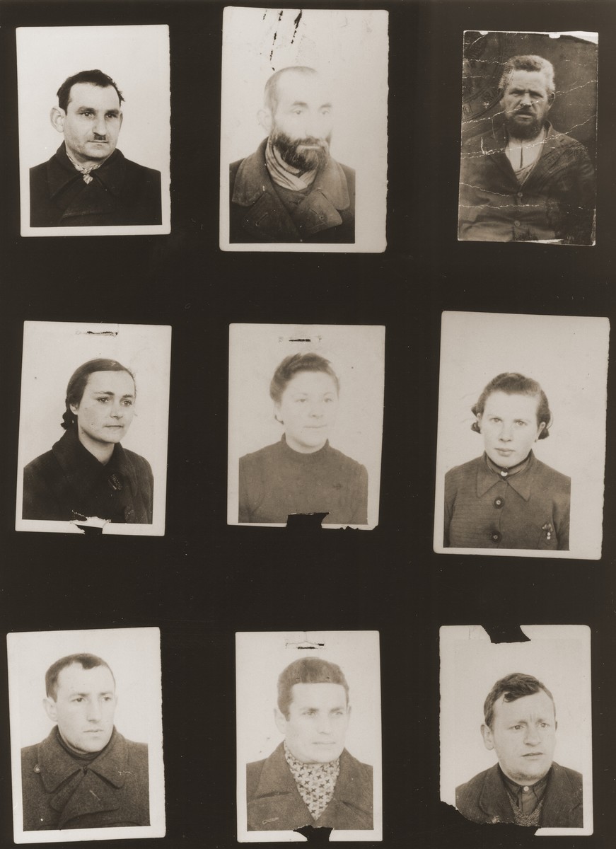 A sampling of the more than 300 identification card photos of local Jewish residents that were found on the floor of the Gestapo headquarters in Biala Rawska in January 1945.  

They were discovered by Leon Sztubert, a Jewish survivor from the town, who spent the war in hiding in a nearby forest.

Pictured (from the top row left and moving across each row) are Hersh Lewkowicz; Icze Targetman; Moshe Rosenbaum; Frajda Kurcbzum (b. 1918); Perel Rawski; Fajgu Mazelsza; ?; Simcha Hauptman; and Chaim Klajman.
