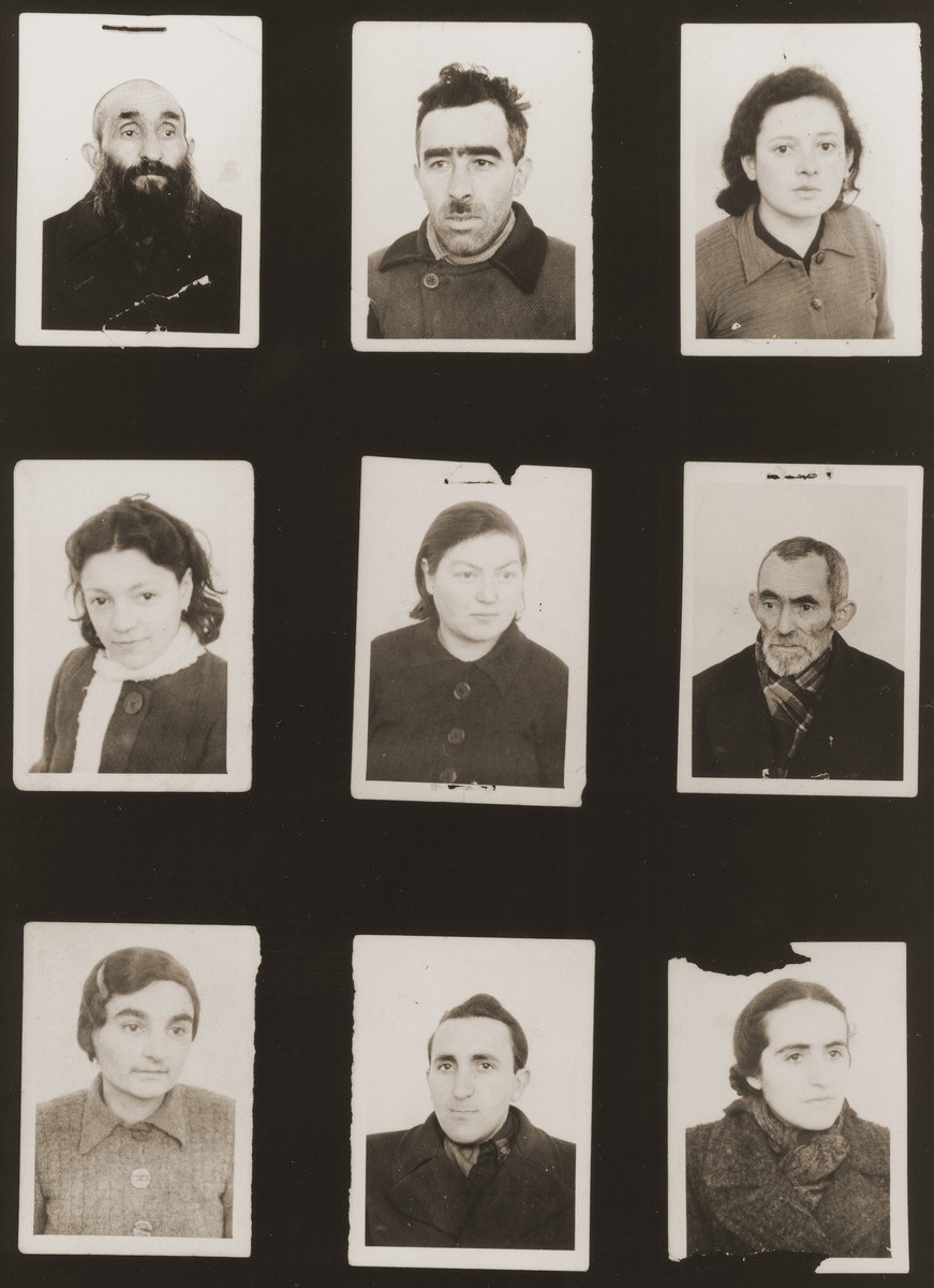 A sampling of the more than 300 identification card photos of local Jewish residents that were found on the floor of the Gestapo headquarters in Biala Rawska in January 1945.  

They were discovered by Leon Sztubert, a Jewish survivor from the town, who spent the war in hiding in a nearby forest.

Among those pictured are Yechiel Tzetzerbajm (b. 1916); Sheindl Berman; "daughter of Moshe Targetman"; Motel Blacharz; Perel Szrajbojm; woman hiding as an Aryan [?] in Ghetto Biala; Feigja Hamer; Tzalel Szuster; and Moshe Targetman.