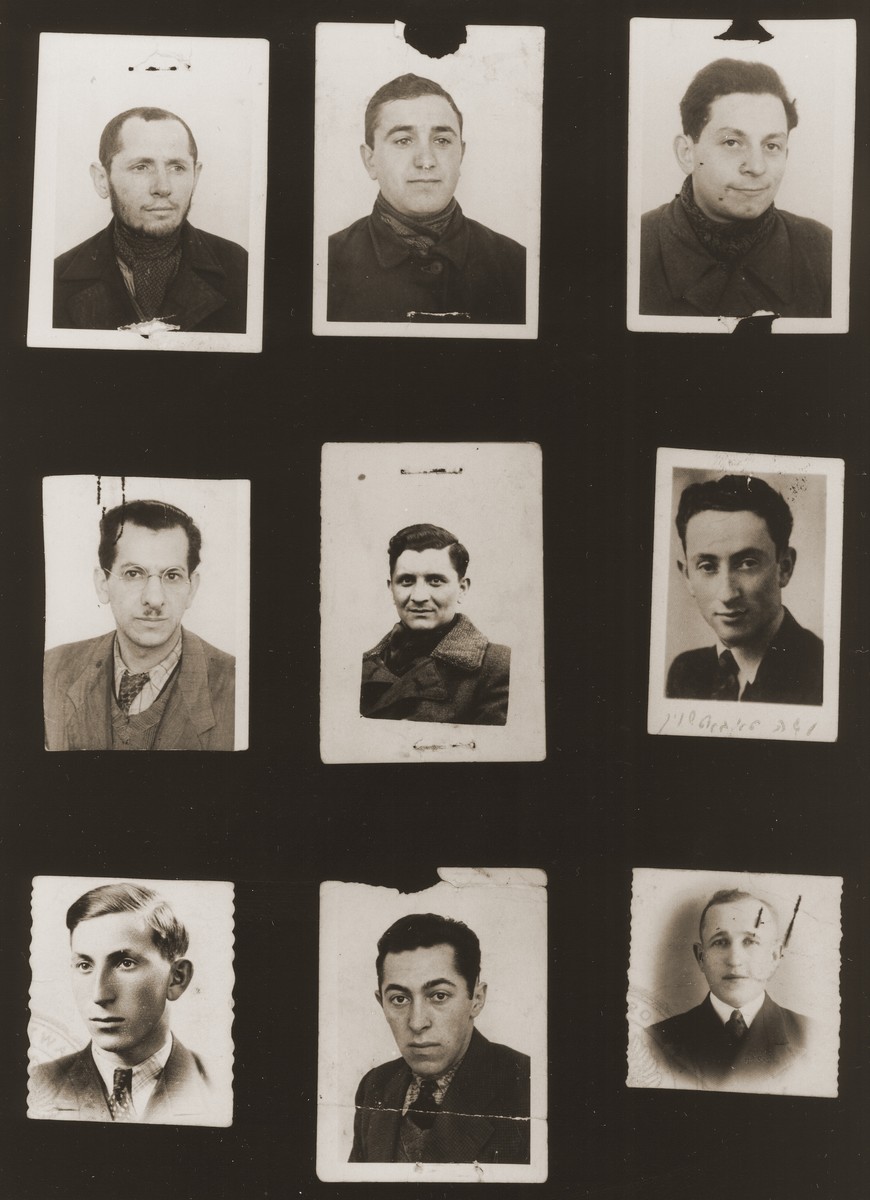 A sampling of the more than 300 identification card photos of local Jewish residents that were found on the floor of the Gestapo headquarters in Biala Rawska in January 1945.  

They were discovered by Leon Sztubert, a Jewish survivor from the town, who spent the war in hiding in a nearby forest.

Pictured (from the top row left and moving across each row) are Israel Yankel Bentszel; Moshe Yidl Goldberg; Chaim Pinchas Furszt; "son of Filosoff"; Josek Szwarcsztejn (b. June 14, 1914); Mojshe Tabacznik (b. 1917); Menachem Janowski; Tautsztajn (d. 1941); and Israel Yosl Rosenbaum.