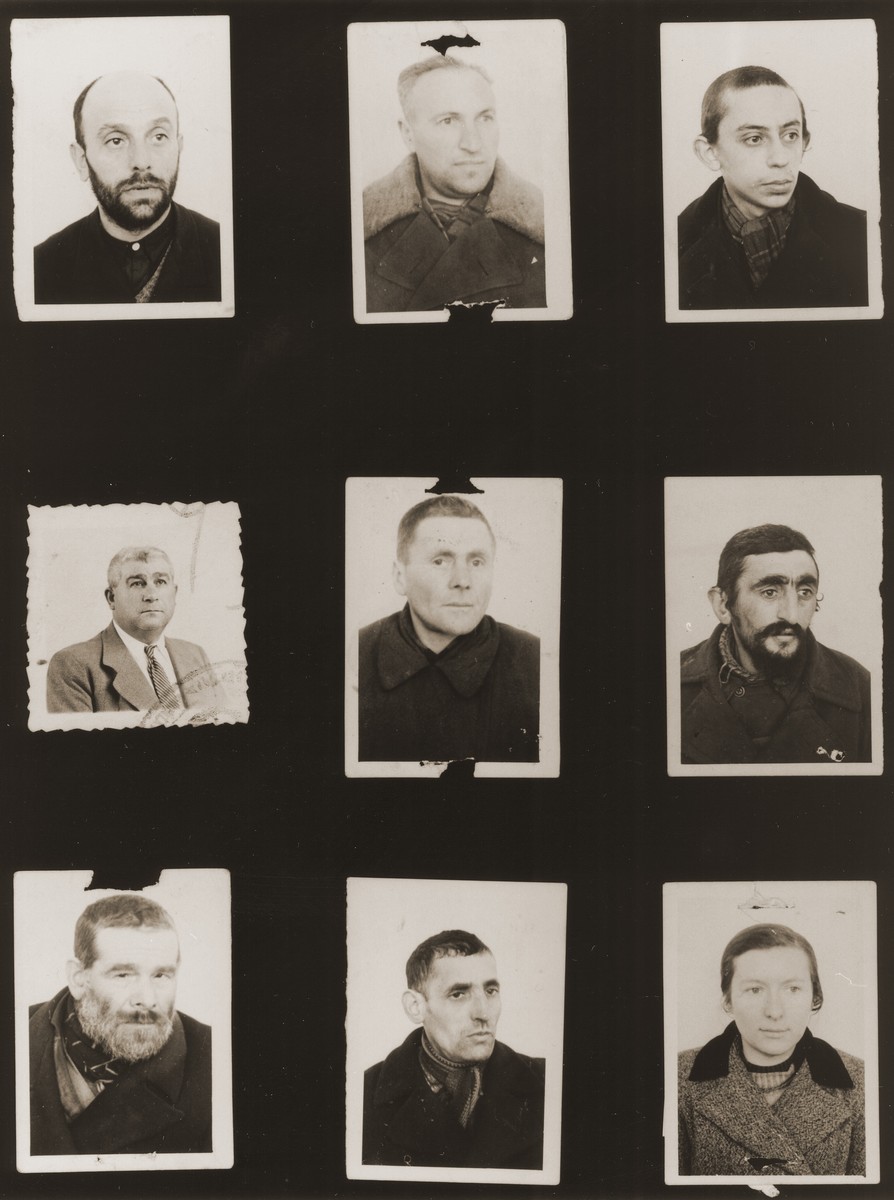 A sampling of the more than 300 identification card photos of local Jewish residents that were found on the floor of the Gestapo headquarters in Biala Rawska in January 1945.  

They were discovered by Leon Sztubert, a Jewish survivor from the town, who spent the war in hiding in a nearby forest.

Pictured (from the top row left and moving across each row) are J. Rechtszajd; Josef David Frank (b. 1907); Mayer Mencznig; "Gracki"; Yankel Ravski; Yosel Tagetman; Moshe Mogielnicki; Lazar Rawkes; and "Tzipa".