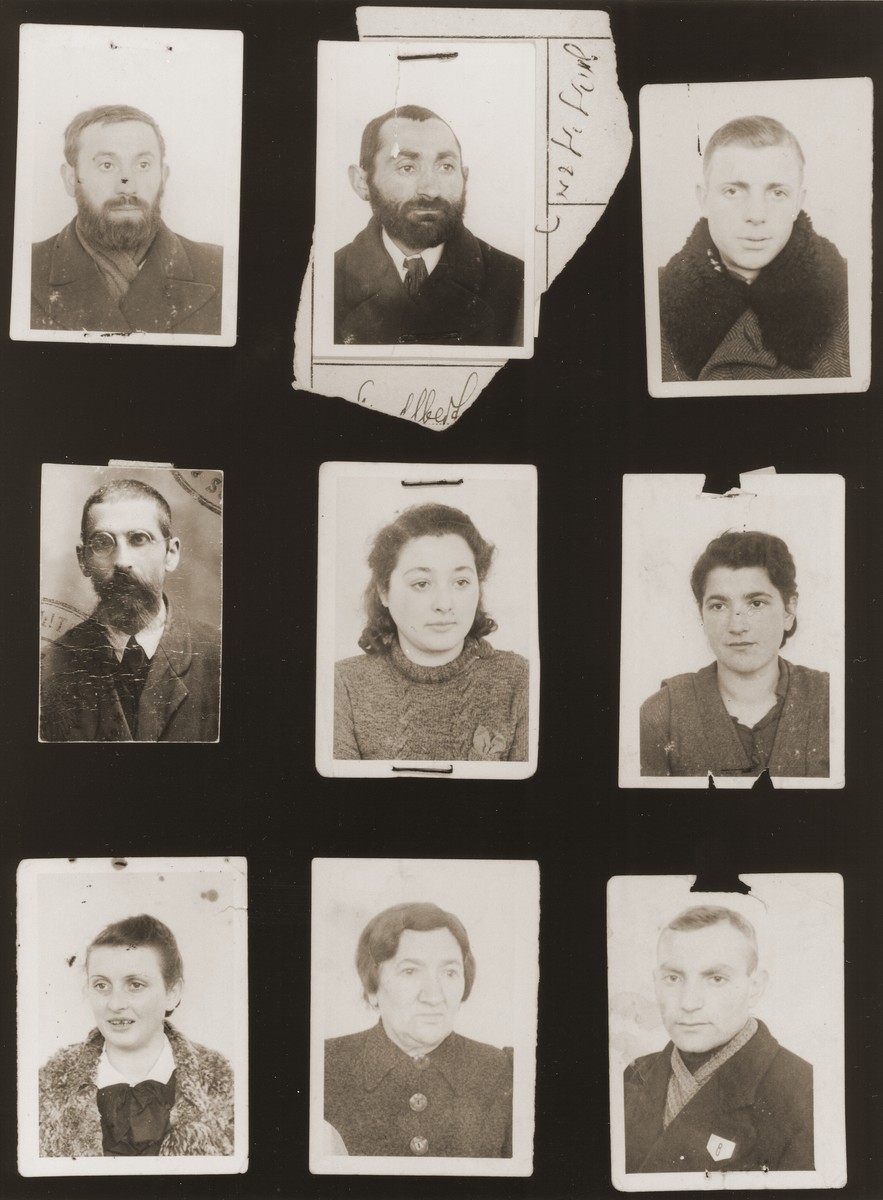 A sampling of the more than 300 identification card photos of local Jewish residents that were found on the floor of the Gestapo headquarters in Biala Rawska in January 1945.  

They were discovered by Leon Sztubert, a Jewish survivor from the town, who spent the war in hiding in a nearby forest.