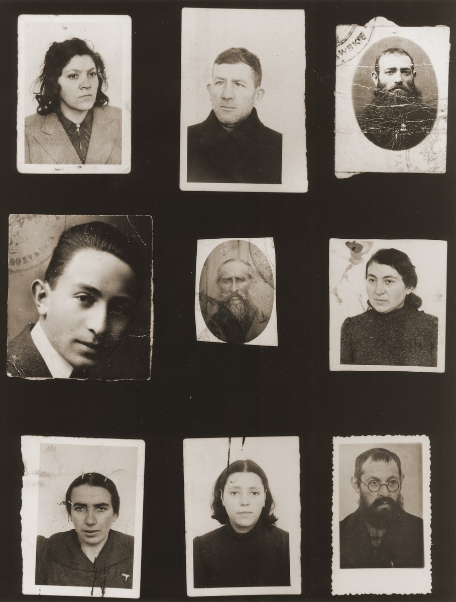 A sampling of the more than 300 identification card photos of local Jewish residents that were found on the floor of the Gestapo headquarters in Biala Rawska in January 1945.  

They were discovered by Leon Sztubert, a Jewish survivor from the town, who spent the war in hiding in a nearby forest.

Among those pictured are Welwel Weber; Baruch Jazelszajn; Szykawicz [?]; Taube Artman;  and Chaja Tzipora Janowski.