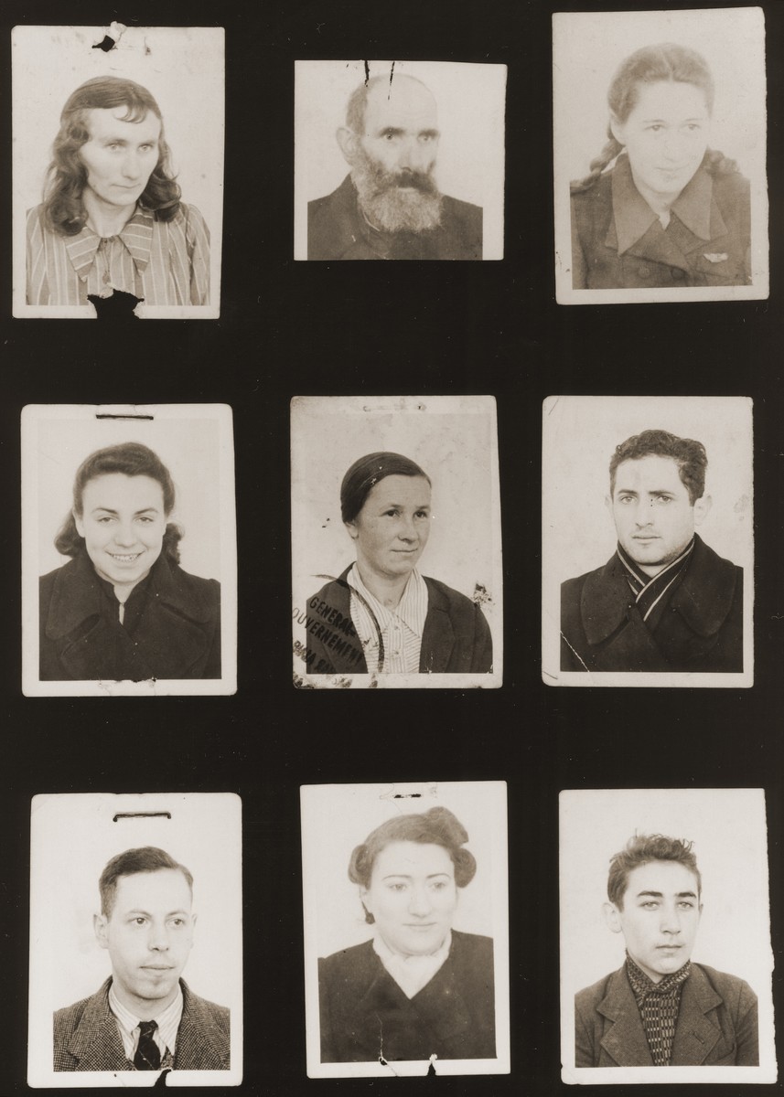 A sampling of the more than 300 identification card photos of local Jewish residents that were found on the floor of the Gestapo headquarters in Biala Rawska in January 1945.  

They were discovered by Leon Sztubert, a Jewish survivor from the town, who spent the war in hiding in a nearby forest.