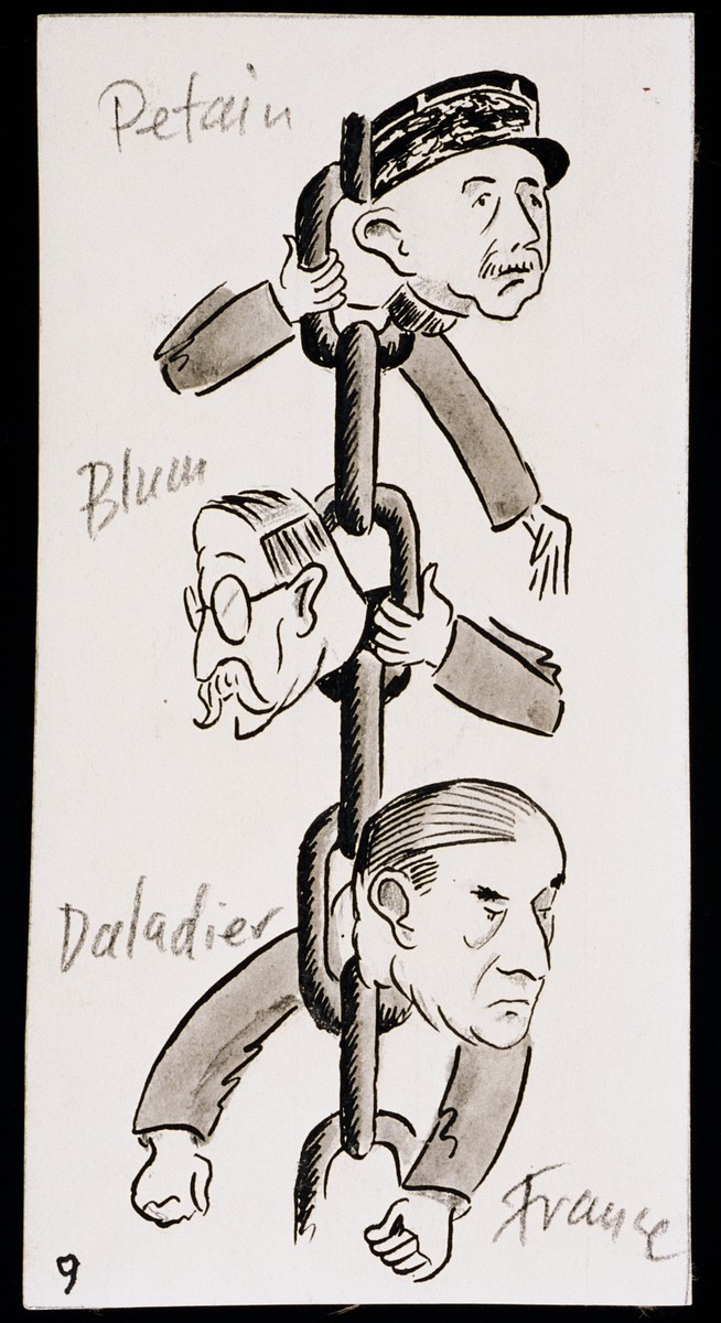 Caricatures of Petain, Blum and Daladier as part of "World War II Personalities in Cartoons/Originals done for 'La Nacion' Santo Domingo, 1939-1946" by Klaus Martin Frank.