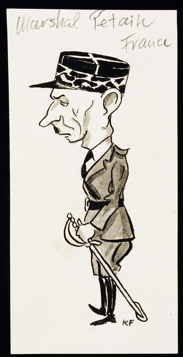 Caricature of Marshal Henri Petain from "World War II Personalities in Cartoons/Originals done for 'La Nacion' Santo Domingo, 1939-1946" by Klaus Martin Frank.