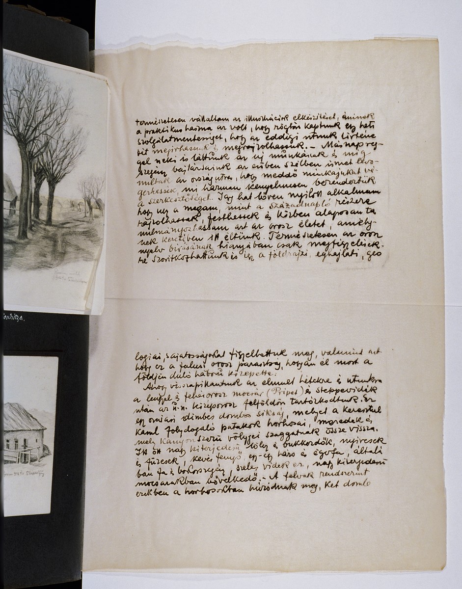 One page of an illustrated album produced by Gyorgy Beifeld (1902-1982), a Hungarian Jew from Budapest, who was drafted into the Munkaszolgalat (Hungarian Labor Service system) and spent more than a year on the Soviet front, from April 1942 through May 1943.  The album contains 402 drawings and watercolors by Byfield, as well as a narrative of his experiences.