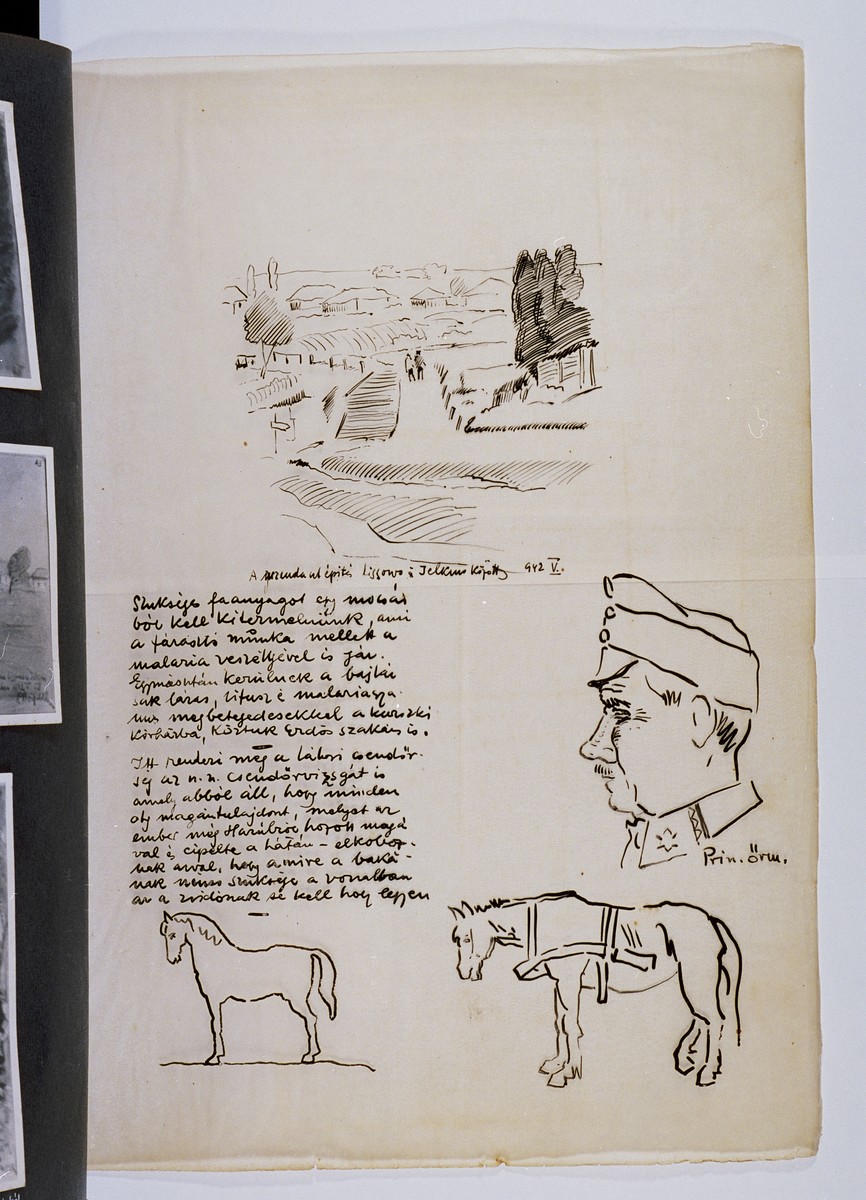 One page of an illustrated album produced by Gyorgy Beifeld (1902-1982), a Hungarian Jew from Budapest, who was drafted into the Munkaszolgalat (Hungarian Labor Service system) and spent more than a year on the Soviet front, from April 1942 through May 1943.  The album contains 402 drawings and watercolors by Byfield, as well as a narrative of his experiences.