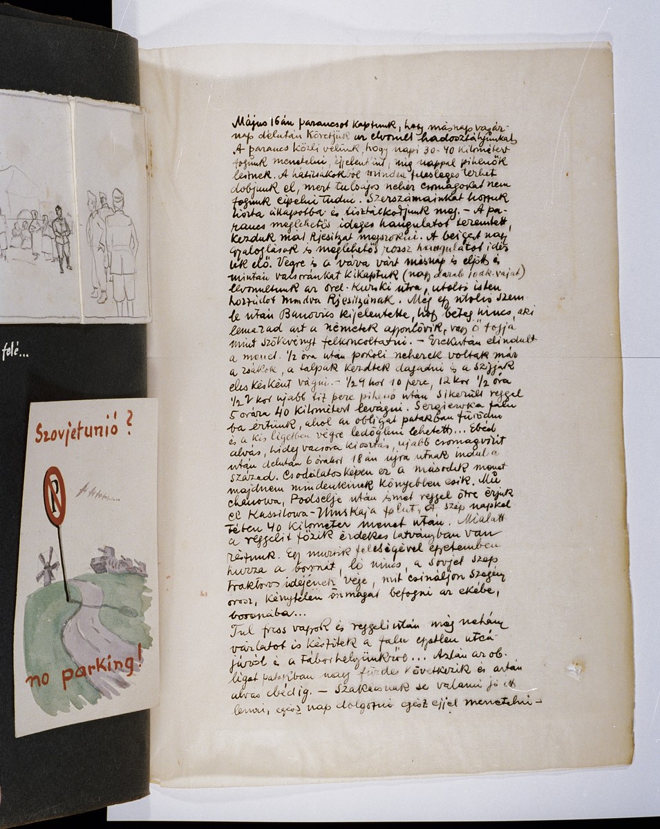 One page of an illustrated album produced by Gyorgy Beifeld (1902-1982), a Hungarian Jew from Budapest, who was drafted into the Munkaszolgalat (Hungarian Labor Service system) and spent more than a year on the Soviet front, from April 1942 through May 1943.  The album contains 402 drawings and watercolors by Byfield, as well as a narrative of his experiences.