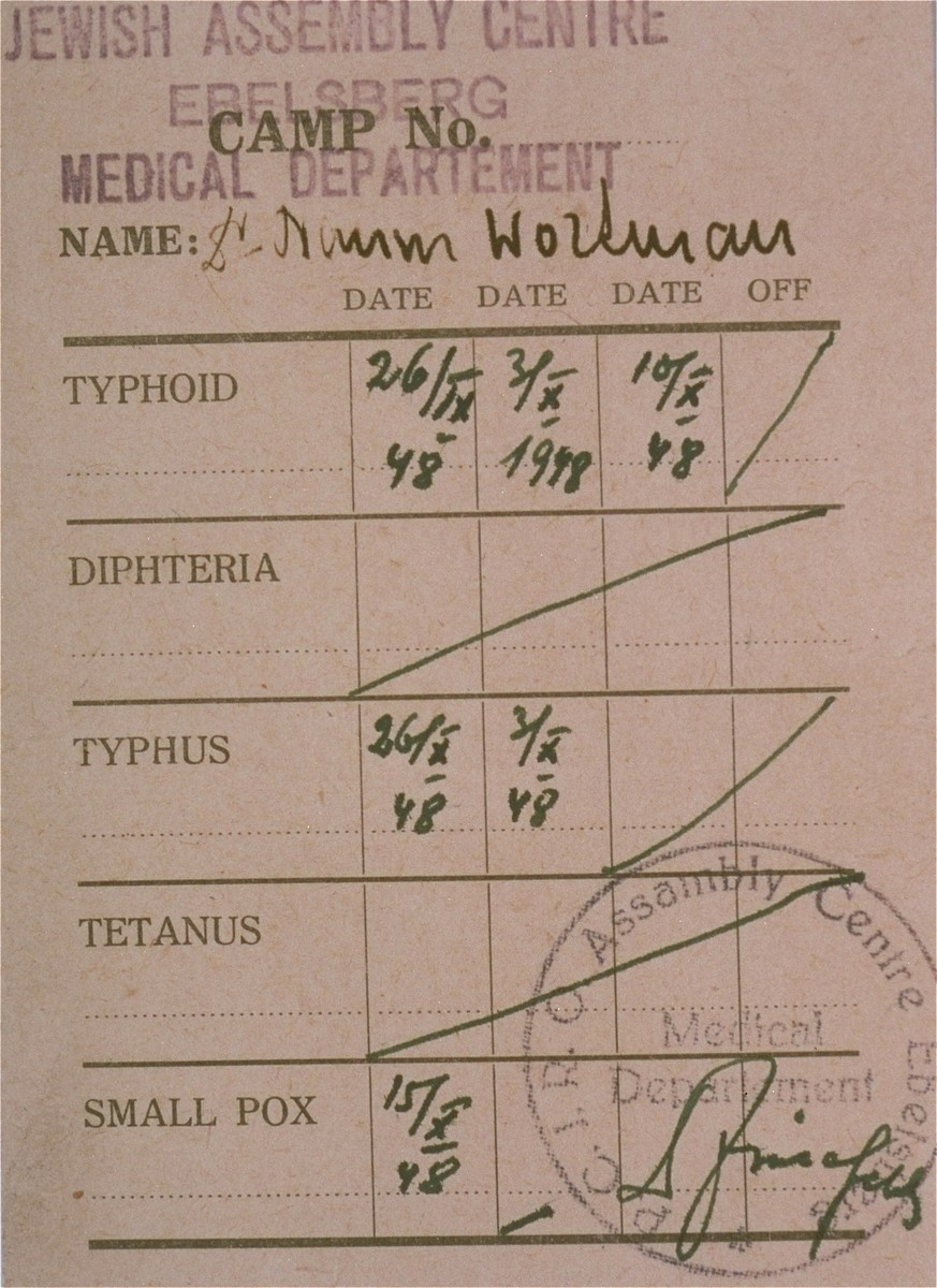 Innoculation certificate for Dr. Naum Wortman, a resident and physician at the Ebelsberg displaced persons camp.