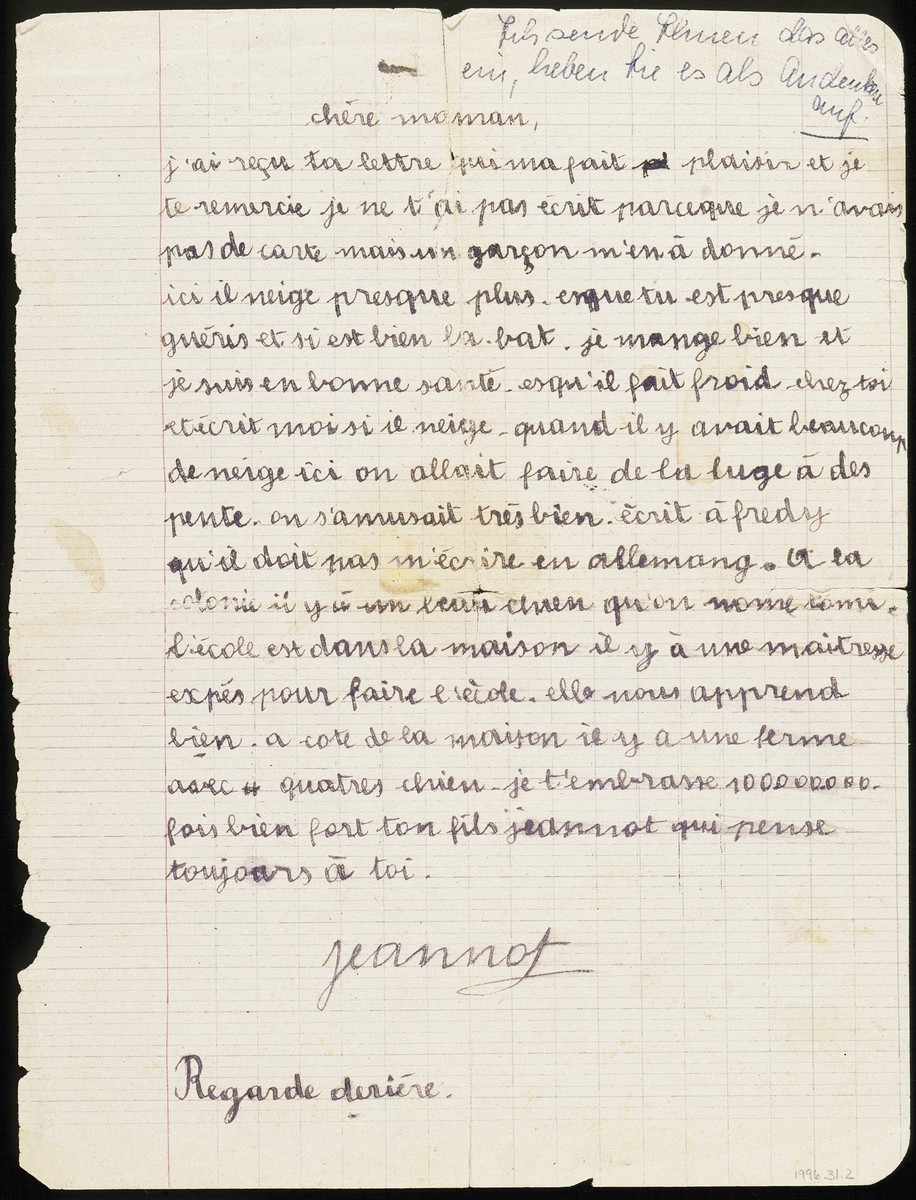 A letter that is written on the verso of a color drawing created by Hans Ament, a Jewish refugee child living in the children's home in Izieu.  

The letter is addressed to his mother, Ernestina Ament, who, stricken with tuberculosis, was confined to a sanatorium in Hauteville near Izieu.