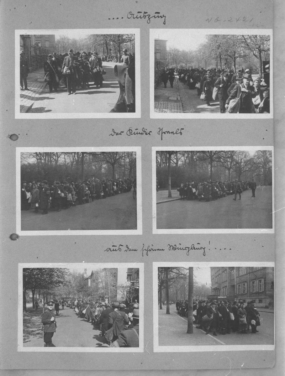 One page of a photo album depicting the deportation of the Jews from Würzburg.