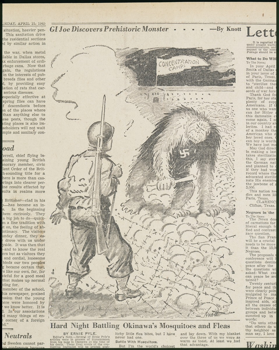 Political cartoon entitled "GI Joe Discovers Prehistoric Monster" by Dallas Morning News cartoonist John Francis Knott. depicting Nazi Germany as a hairy Neanderthal creature.