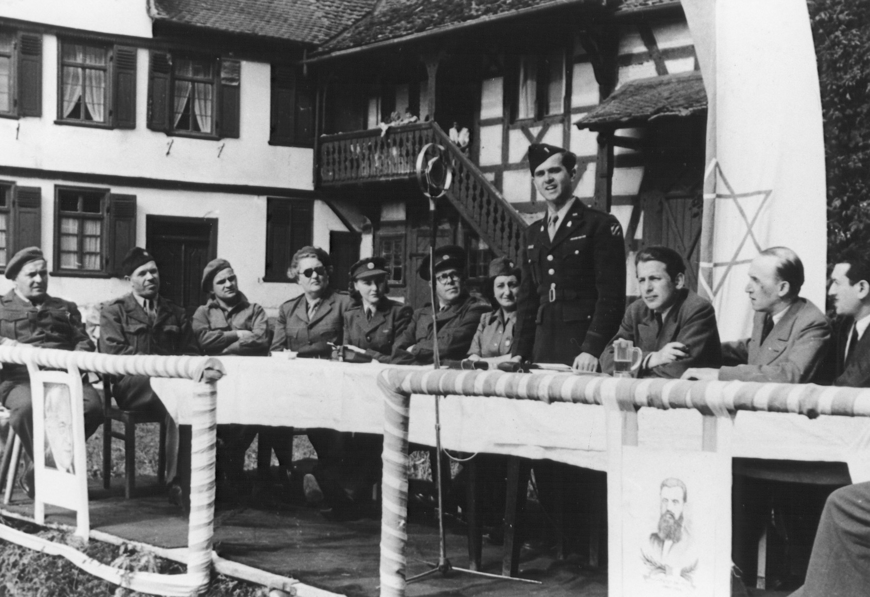 Chaplain Mayer Abramowitz addresses an outdoor Zionist meeting in Germany.