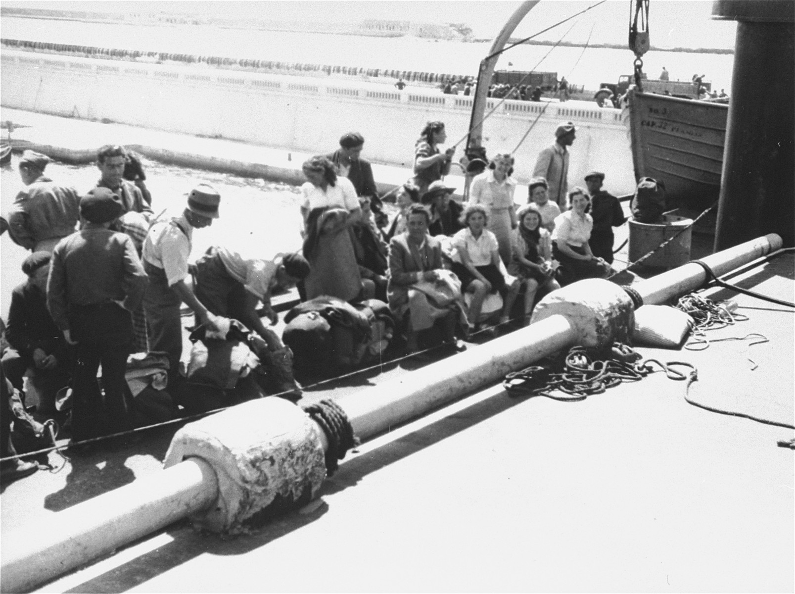 Exodus 1947 refugees on board the President Warfield, which is docked at a quay in Sete's harbor.