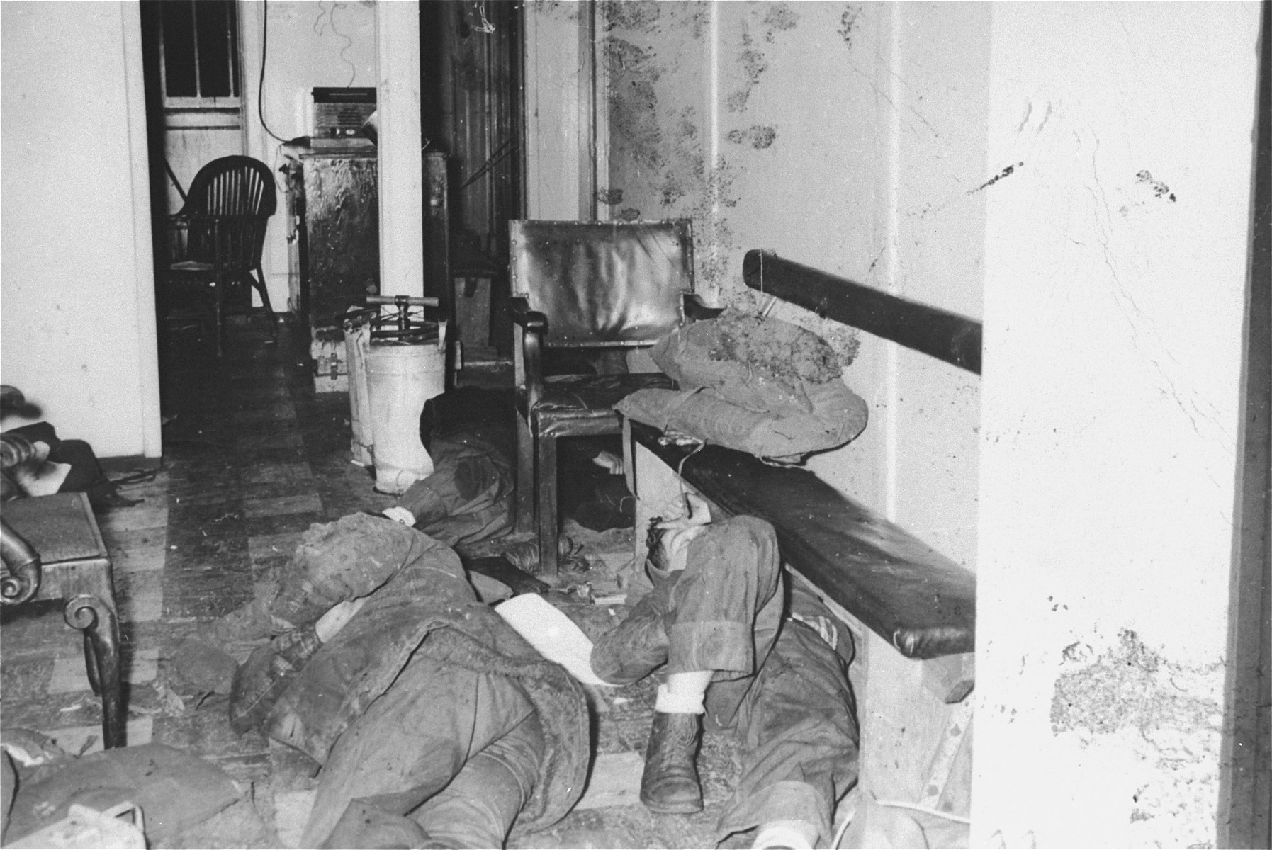 Crew members sleep on the floor of an office in the President Warfield (later the Exodus 1947) after the gale that nearly sunk the ship on its shakedown cruise.