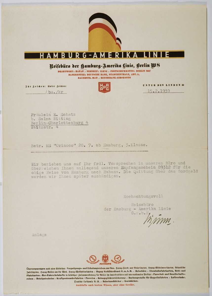 Letter from the Hamburg-Amerika Line sent to Ella Schatz confirming her passage on board the Orinoco.