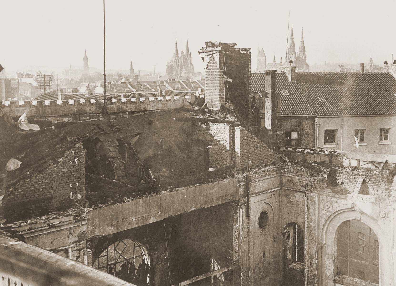 View of the old synagogue in Aachen after its destruction on Kristallnacht.