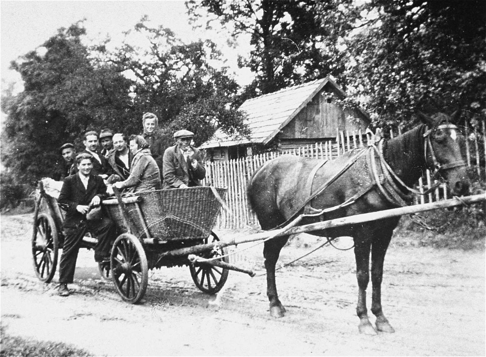 Jews traveling by horse-drawn wagon in Kolbuszowa after the war.

Among those pictured is Manius Notowicz (standing next to the wagon).