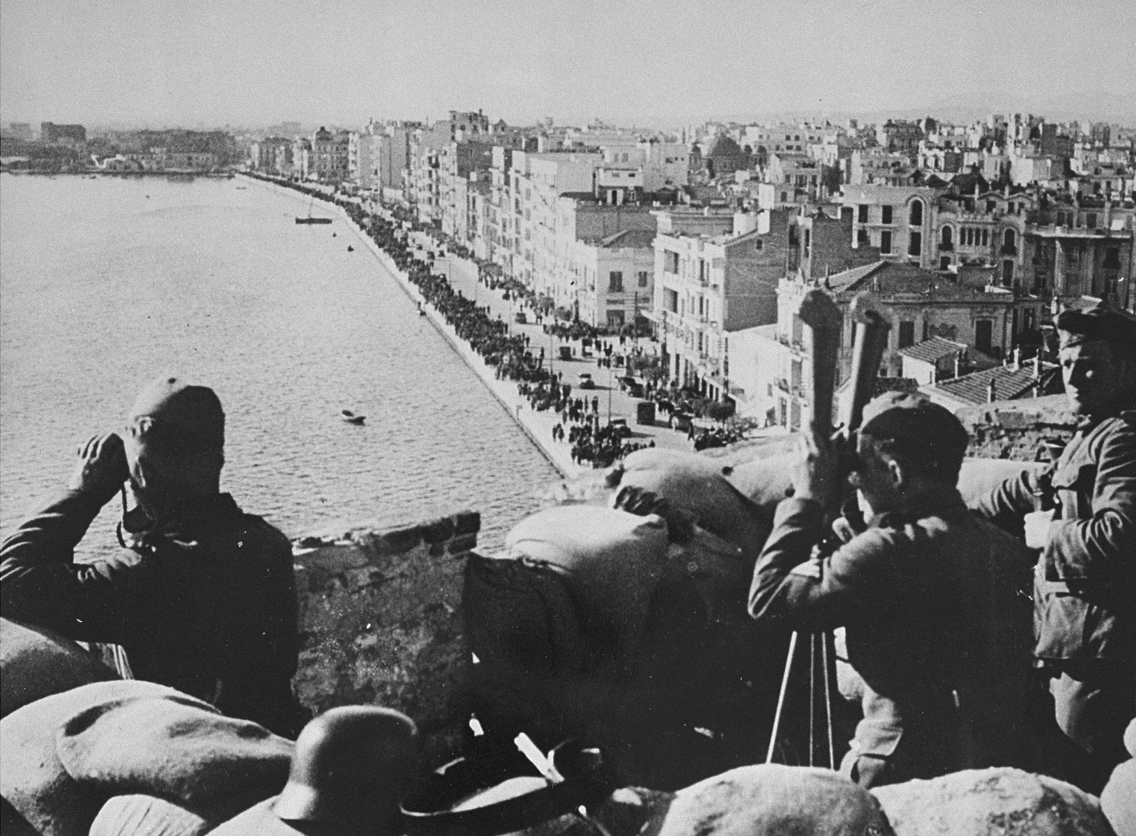 German troops man an observation post overlooking Salonika habor.