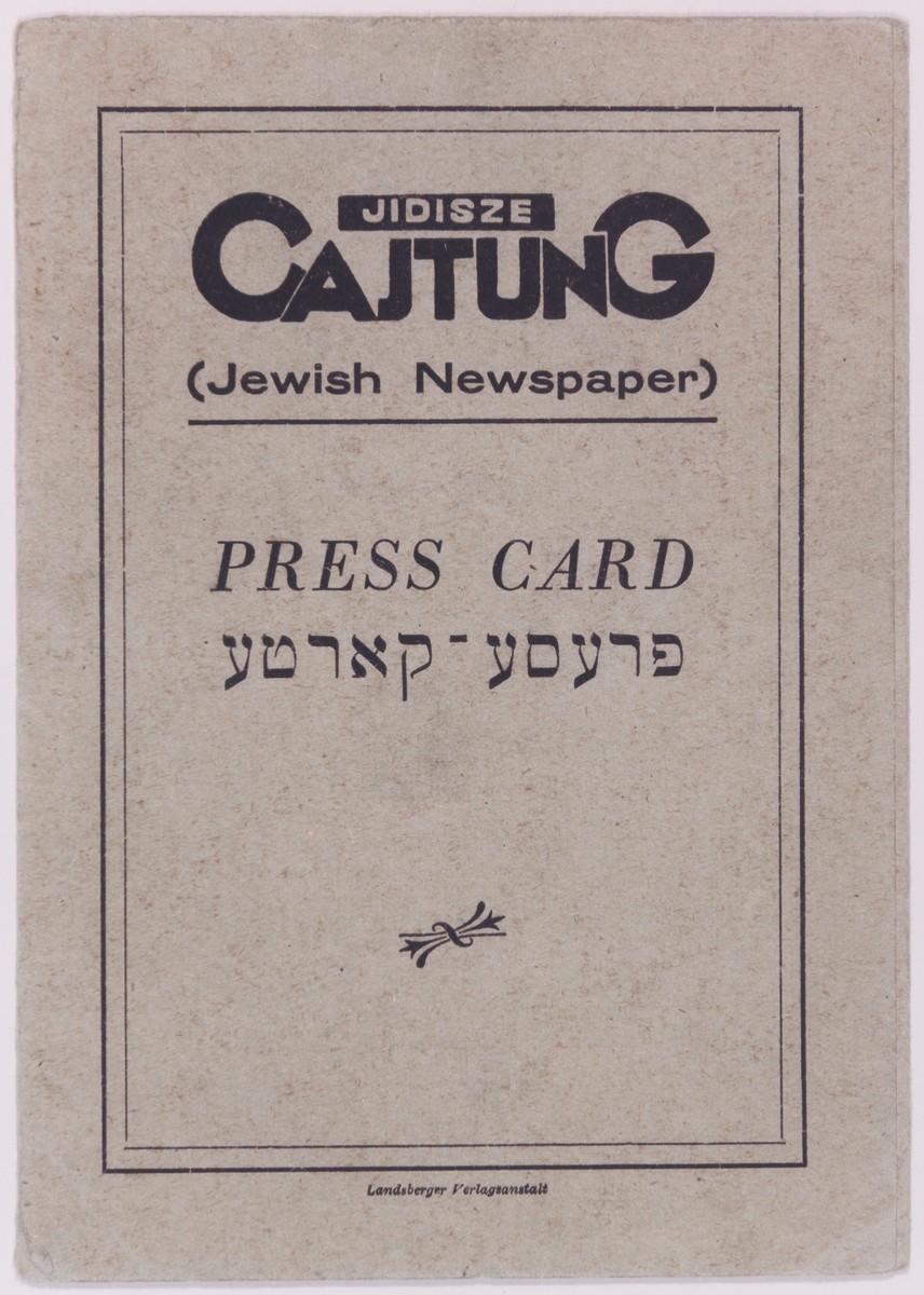 Press card issued to Ruth Korek attesting she is employed by the Landsberg Jidisze Cajtung.