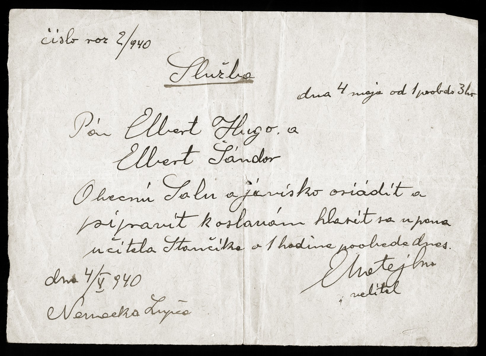 Handwritten message to Hugo and Alexander Elbert ordering them to clean a meeting hall and set up tables and chairs for a Hlinka Guard gathering.