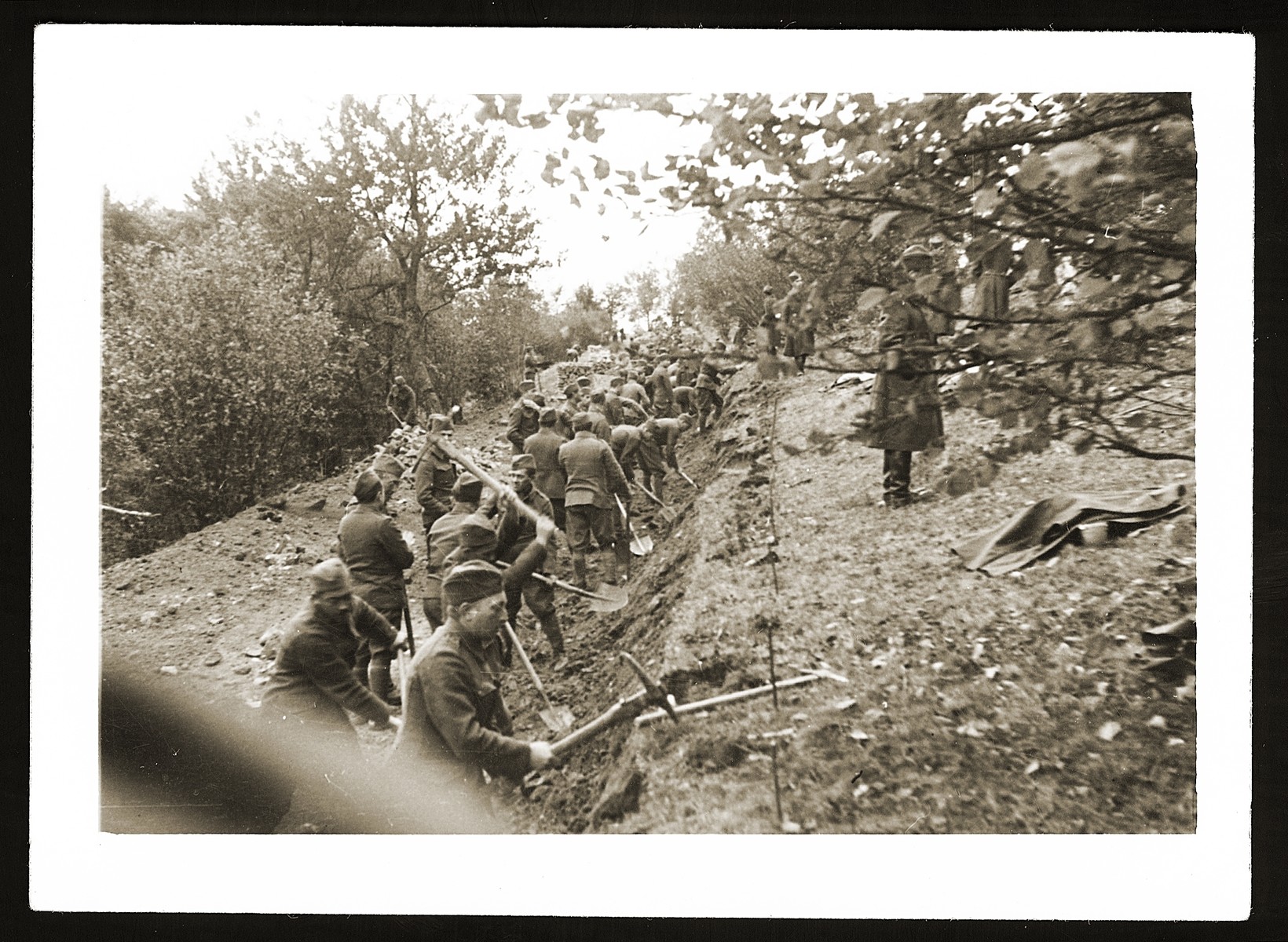 Jewish soldiers in the Slovak army dig a long trench. 

The Jewish units were assigned to manual labor and not permitted to carry weapons.