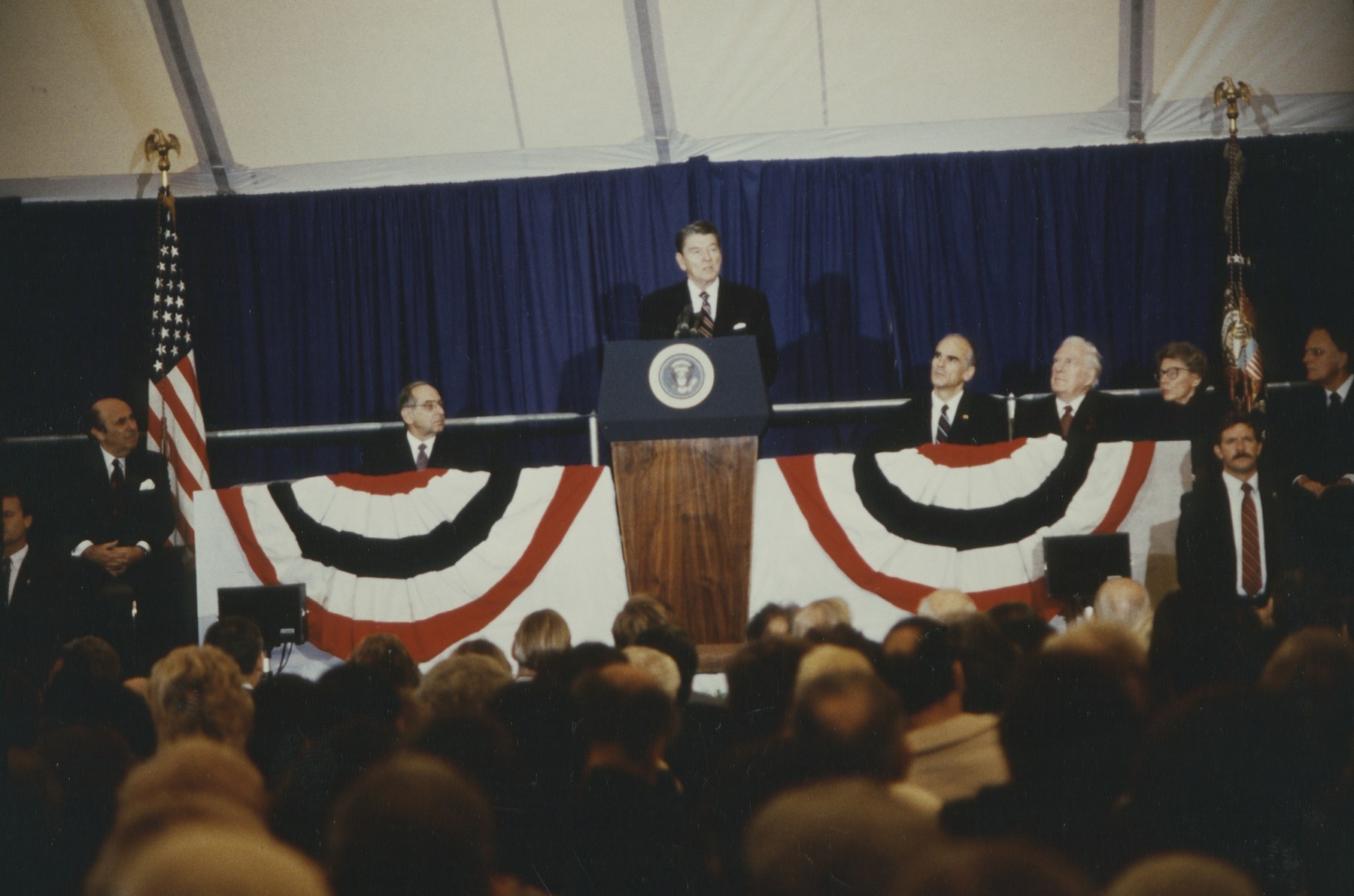 Ronald Reagan speaking at the laying of the cornerstone ceremony of the U.S. Holocaust Memorial Museum.