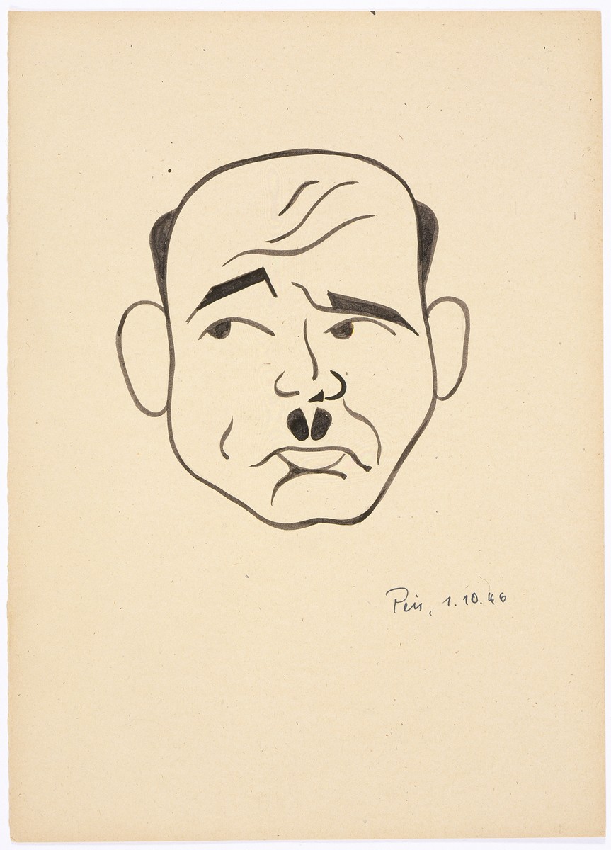 Caricature of Nuremberg International Military Tribunal defendant Fritz Saukel, by the German newspaper caricaturist, Peis.