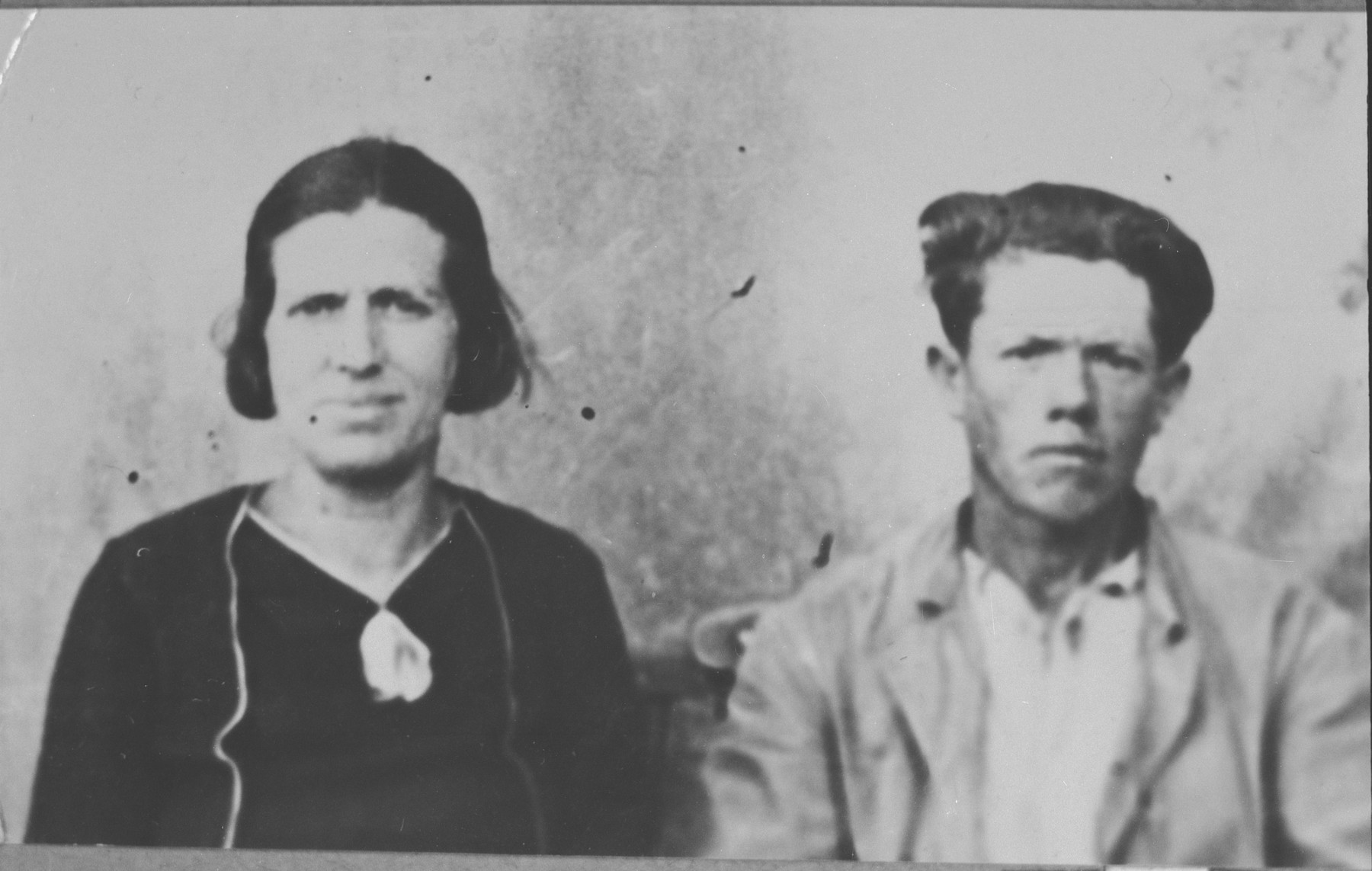 Portrait of Yakov Mishulam, son of Avram Mishulam, and Yakov's wife, Suncho.  Yakov was a sack maker.  They lived at Drinska 119 in Bitola.