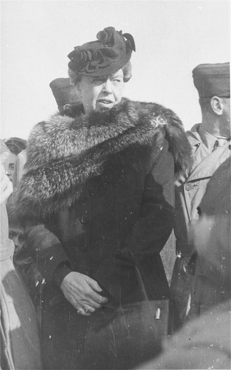 Eleanor Roosevelt pays an official visit to the Zeilsheim displaced persons' camp.