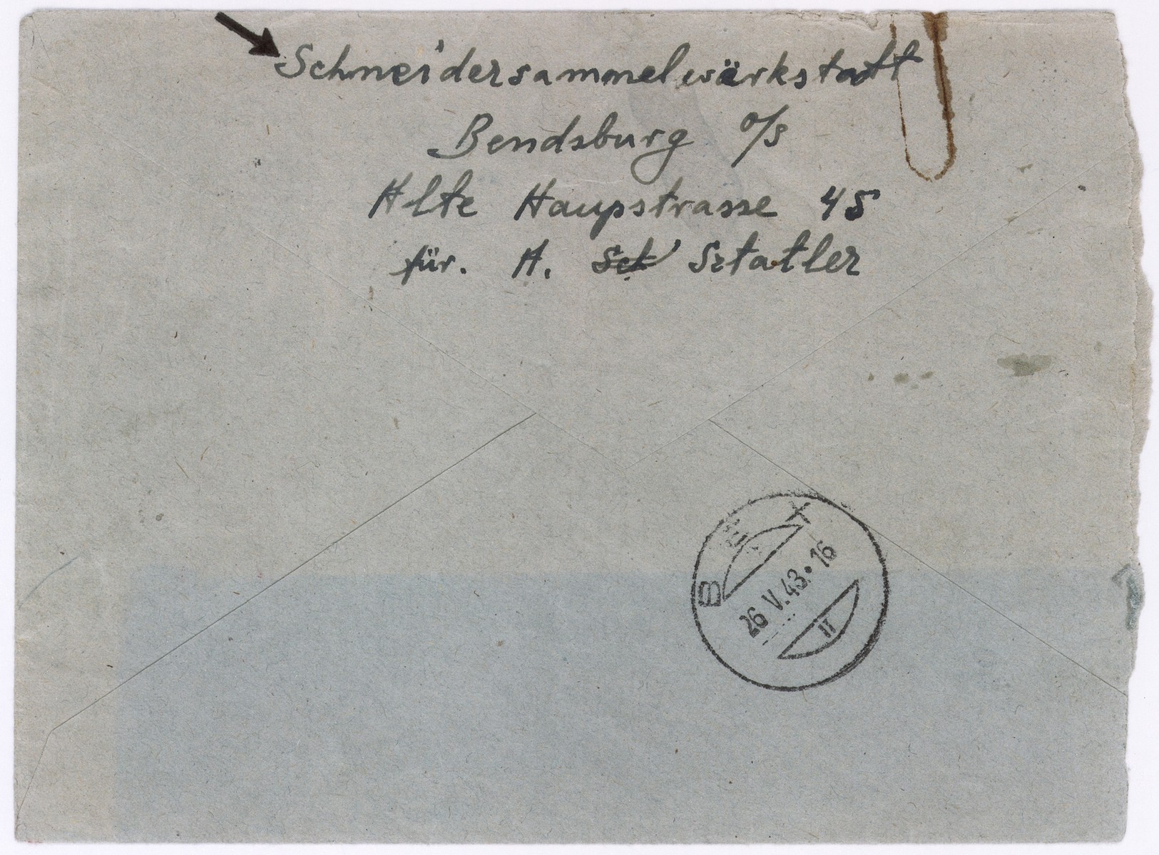 An envelope of a registered letter sent from  Sosnowiec  by A. Sztatler to Irene Schwartzbaum in Bax, Switzerland.  The return address of the sender or senders states: tailors workshop, Bedzin, Alte Haupstrasse 45.