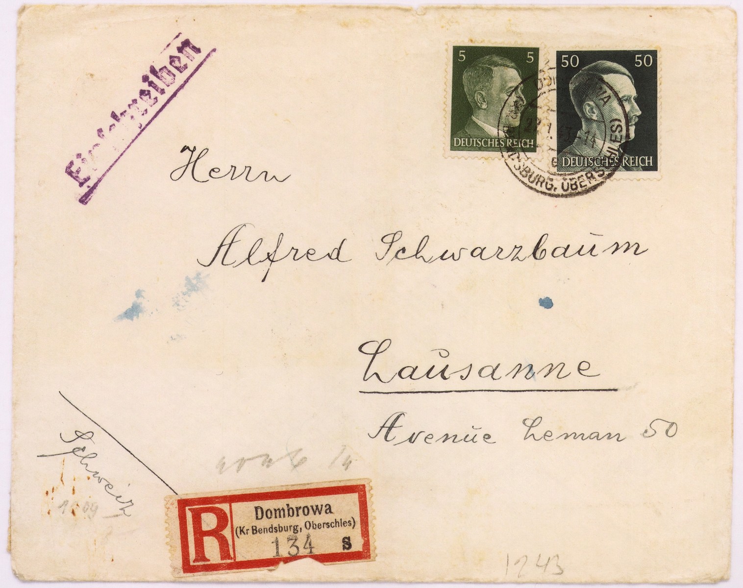An envelope of a registered letter sent from  Dabrowa  by I. Fajerman to Alfred Schwartzbaum in Lausanne, Switzerland.  The return address of the sender or senders states:  Bendsburg, Langer Weg.  On the back of the envelope there is a piece of tape with a stamp of the German censor.