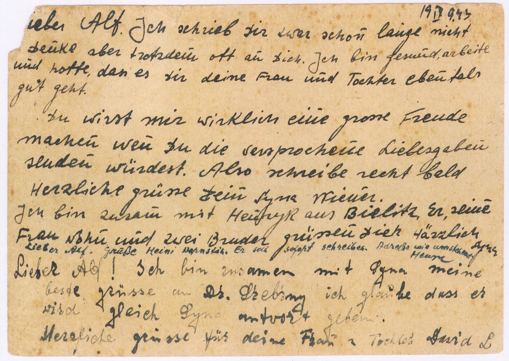 A postcard sent from the Bedzin ghetto in Kamionka by C. Wiener to Alfred Schwartzbaum in Lausanne, Switzerland.  The postcard was sent on September 21, 1943.  The encoded message, written by three people, urges  Alfred Schwarzbaum to send them foreign visas as soon as possible.