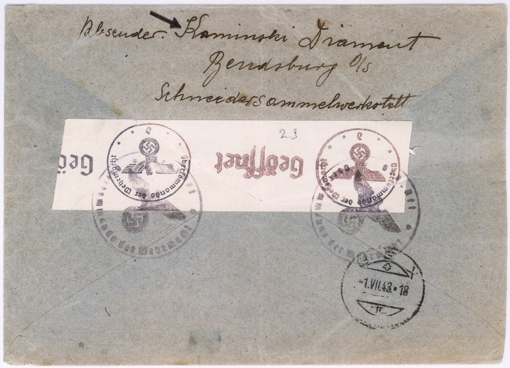 An envelope of a registered letter sent from the Bedzin ghetto by Kaminski Diamant to Alfred Schwartzbaum in Lausanne, Switzerland.  The return address of the sender or senders states: Taylors Workshop.  On the back of the envelope there is a piece of tape with the stamp of the German censor.