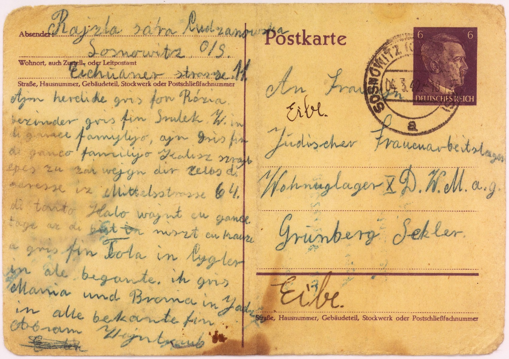 Postcard from Rajzla Cudzanowska, aunt of the donor, Helen Luksenburg.  This postcard was sent on March 4, 1942 from Sosnowiec to Rajzl's daughter and sister in the Gruenberg labor camp.